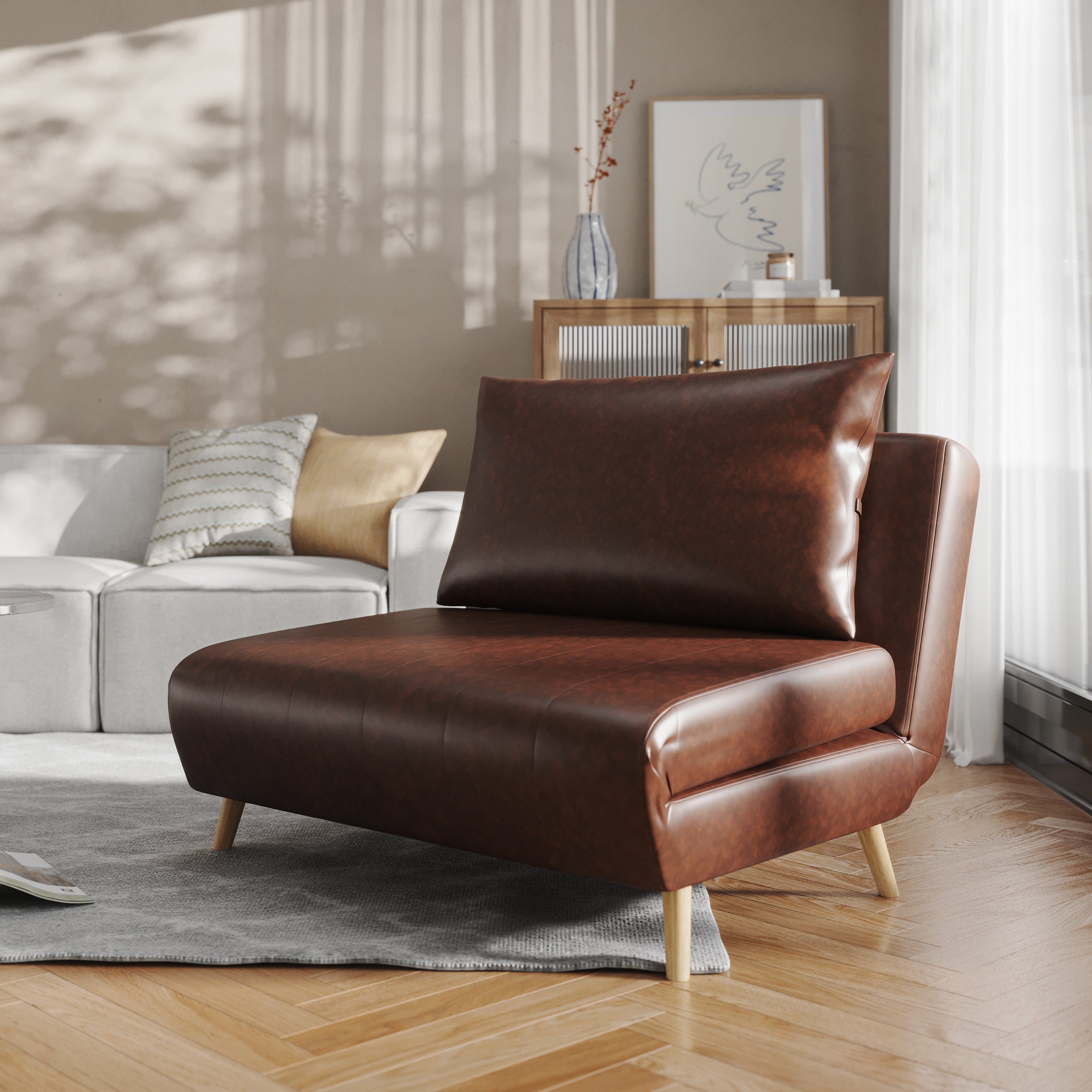 Shaw Convertible Tri-Fold Sleeper Chair with Pillow - Multifunctional Adjustable Sleeper - Channel Stitching - Hideaway Legs - Brown LeatherSoft