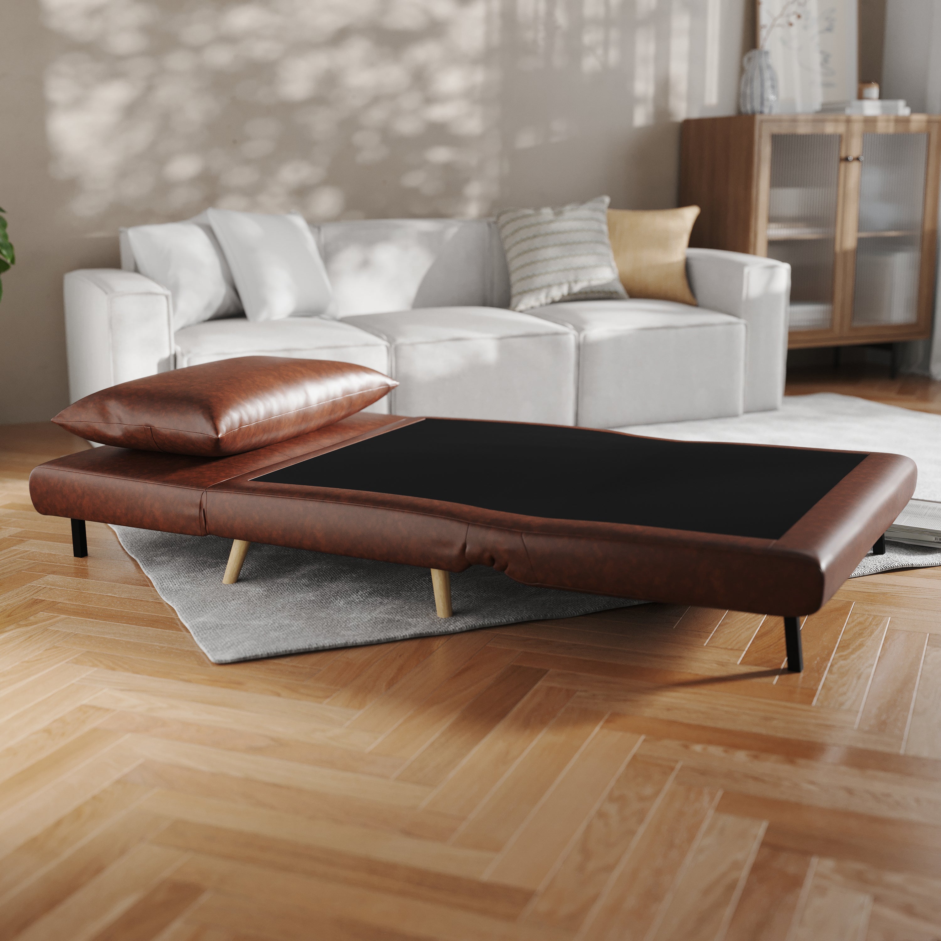Shaw Convertible Tri-Fold Sleeper Chair with Pillow - Multifunctional Adjustable Sleeper - Channel Stitching - Hideaway Legs - Brown LeatherSoft