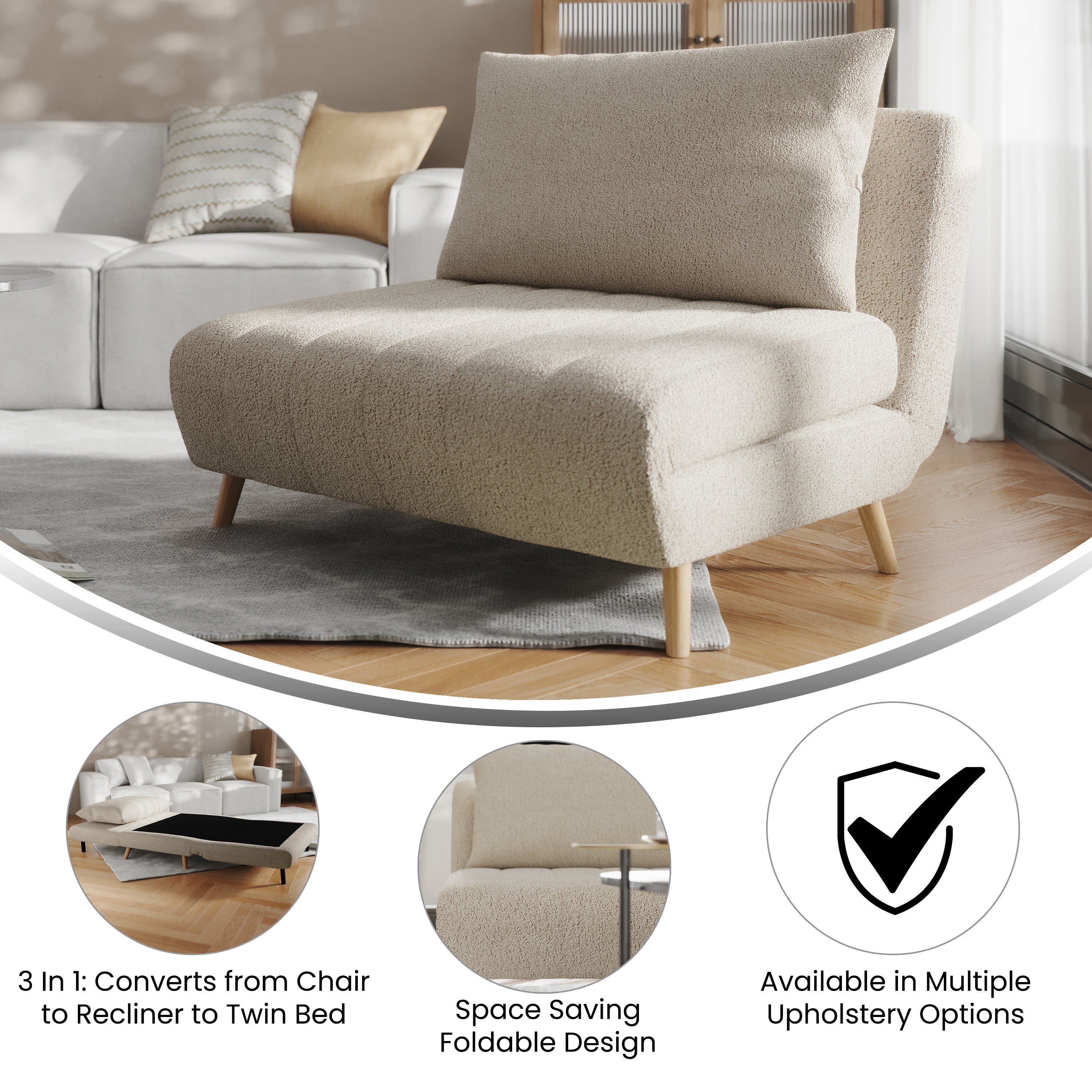Shaw Convertible Tri-Fold Chair with Pillow - Multifunctional Adjustable Sleeper - Channel Stitching-Removable Legs - Cream Boucle