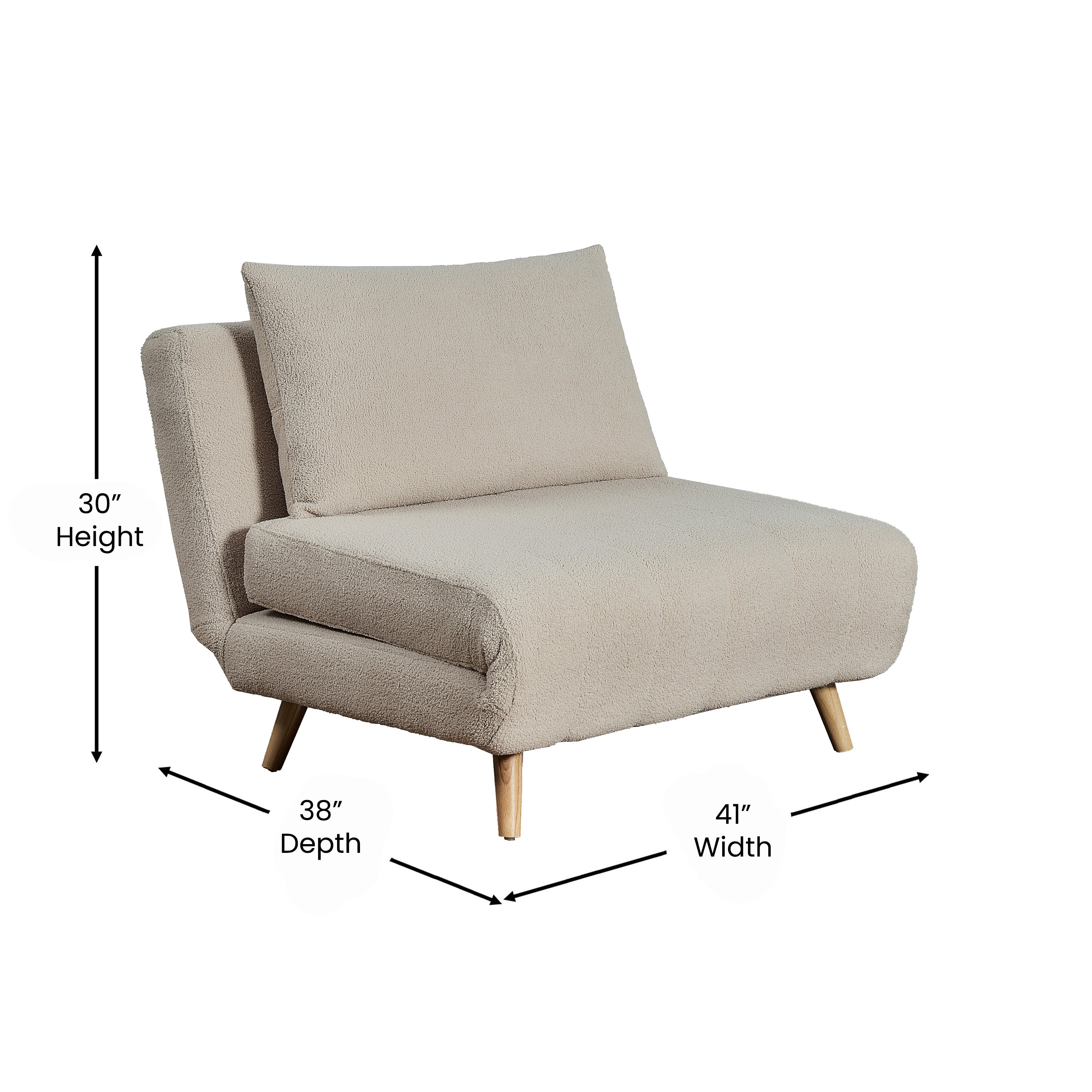 Shaw Convertible Tri-Fold Chair with Pillow - Multifunctional Adjustable Sleeper - Channel Stitching-Removable Legs - Cream Boucle