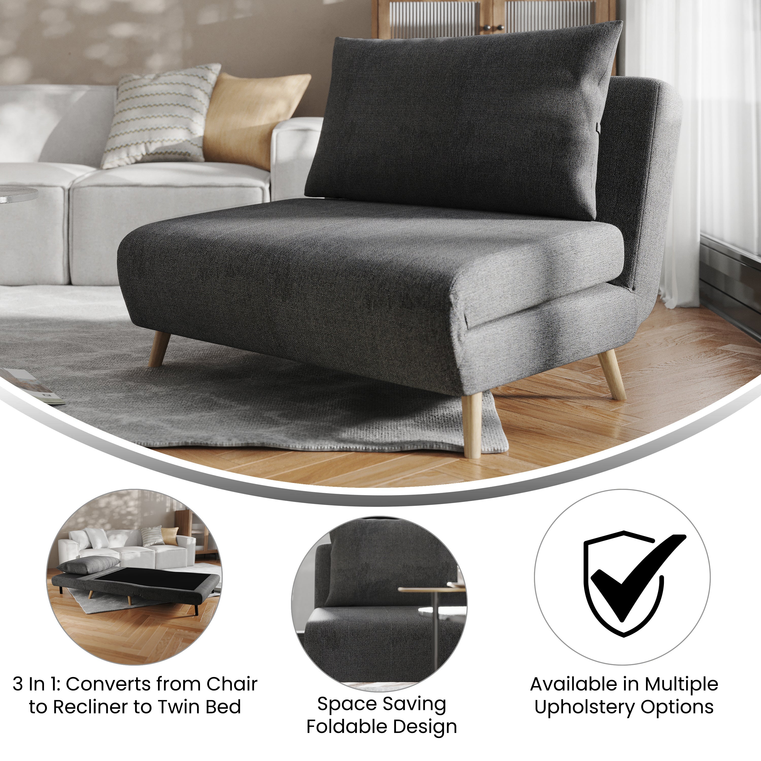Shaw Convertible Tri-Fold Sleeper Chair with Pillow, Multifunctional Adjustable Sleeper with Channel Stitching and Hideaway Legs in Dark Gray