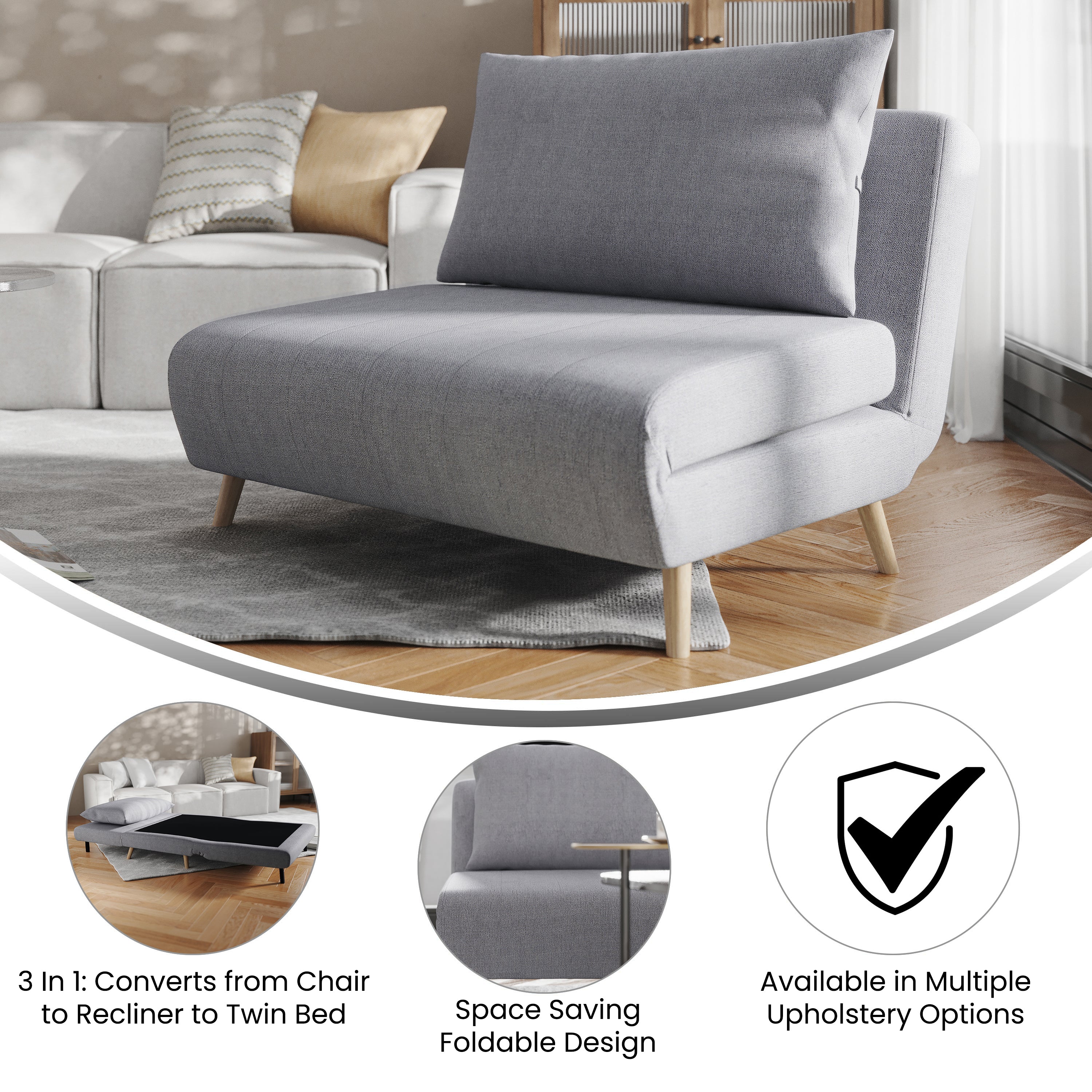 Shaw Convertible Tri-Fold Sleeper Chair with Pillow, Multifunctional Adjustable Sleeper with Channel Stitching and Hideaway Legs in Light Gray