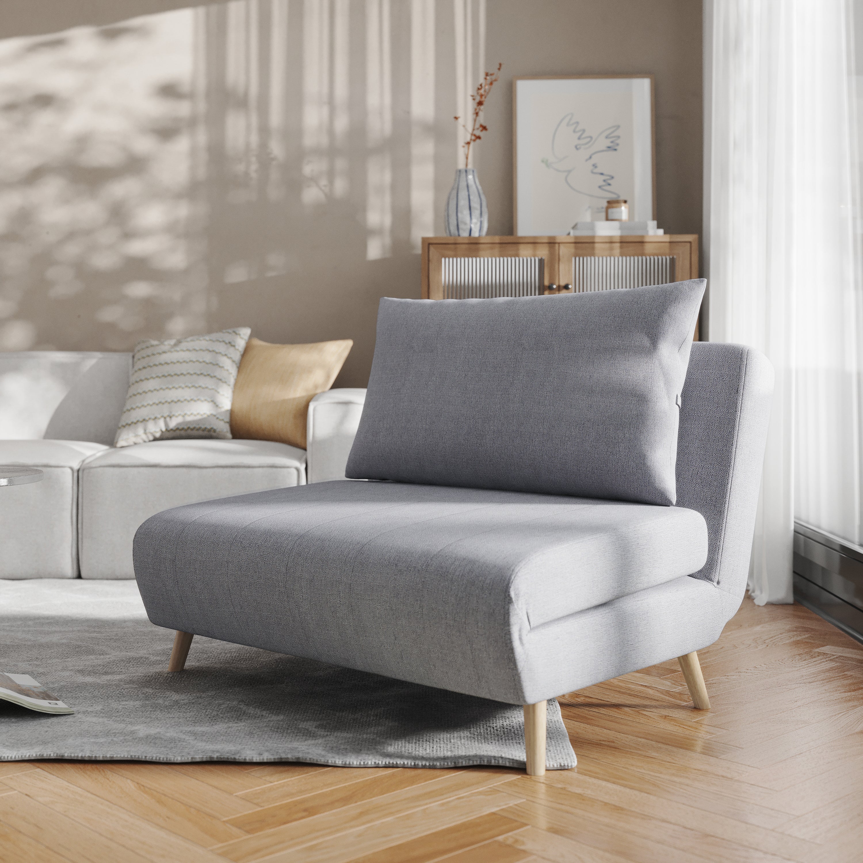 Shaw Convertible Tri-Fold Sleeper Chair with Pillow, Multifunctional Adjustable Sleeper with Channel Stitching and Hideaway Legs in Light Gray