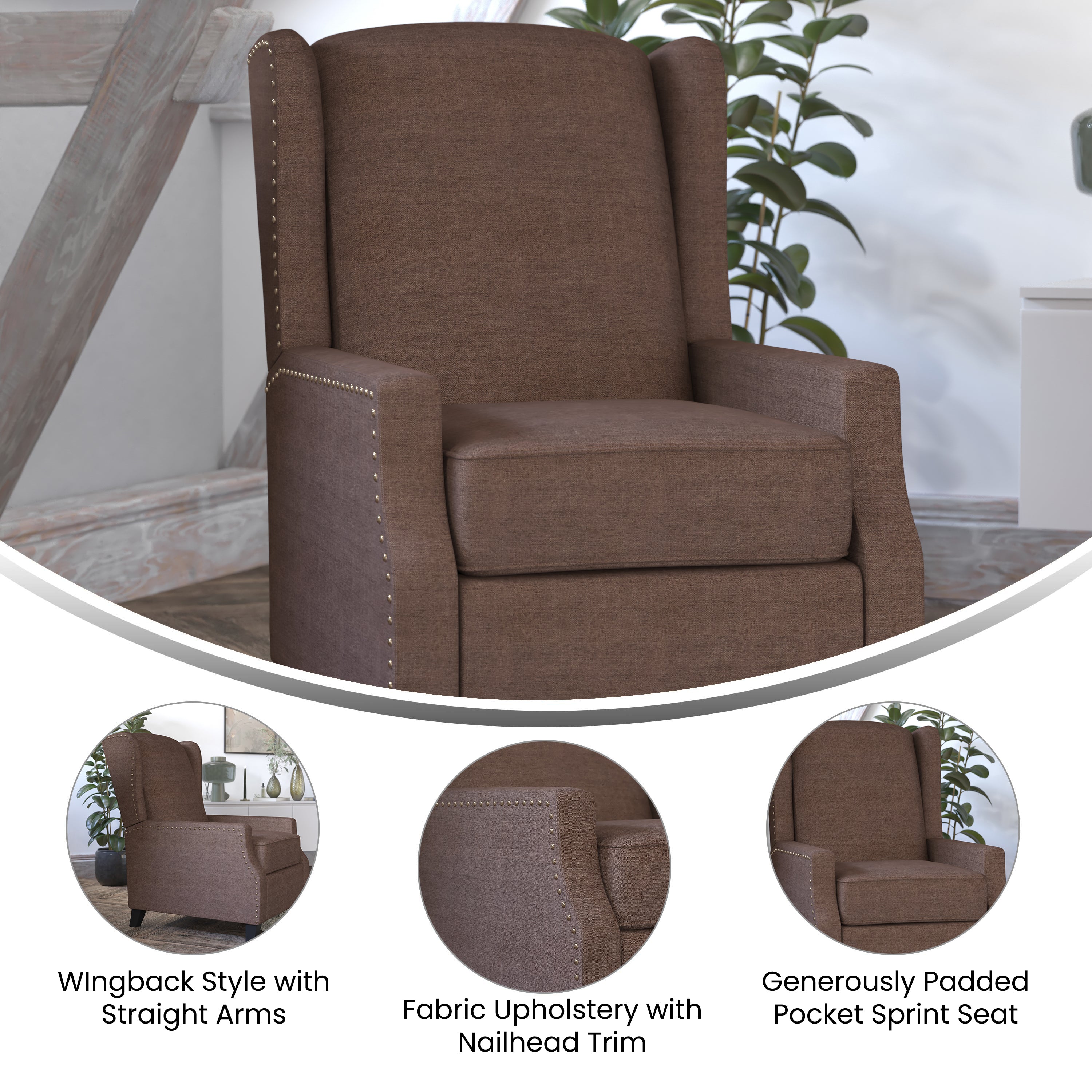 Prescott Traditional Style Slim Push Back Recliner Chair-Wingback Recliner with Brown Polyester Fabric Upholstery-Accent Nail Trim