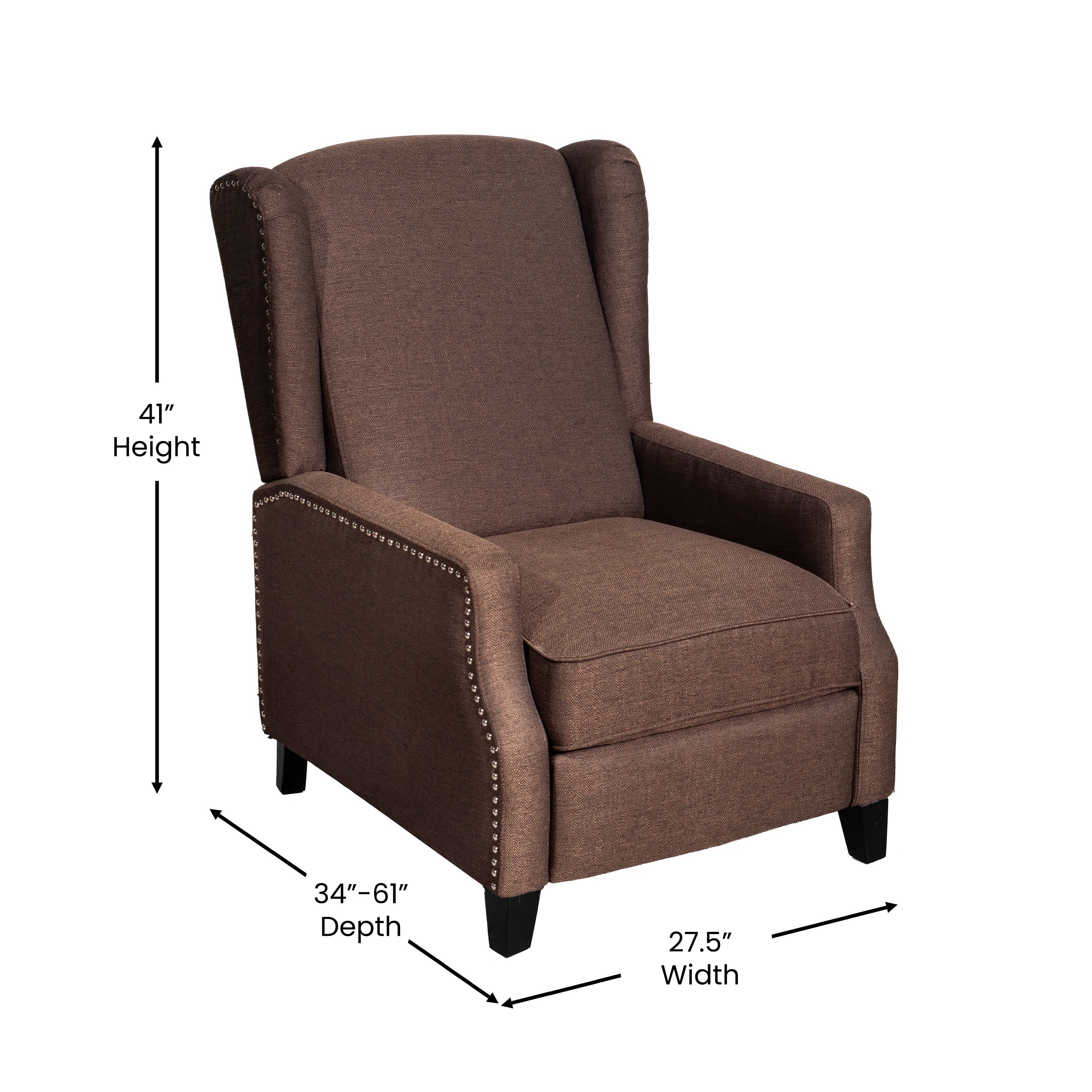 Prescott Traditional Style Slim Push Back Recliner Chair-Wingback Recliner with Brown Polyester Fabric Upholstery-Accent Nail Trim
