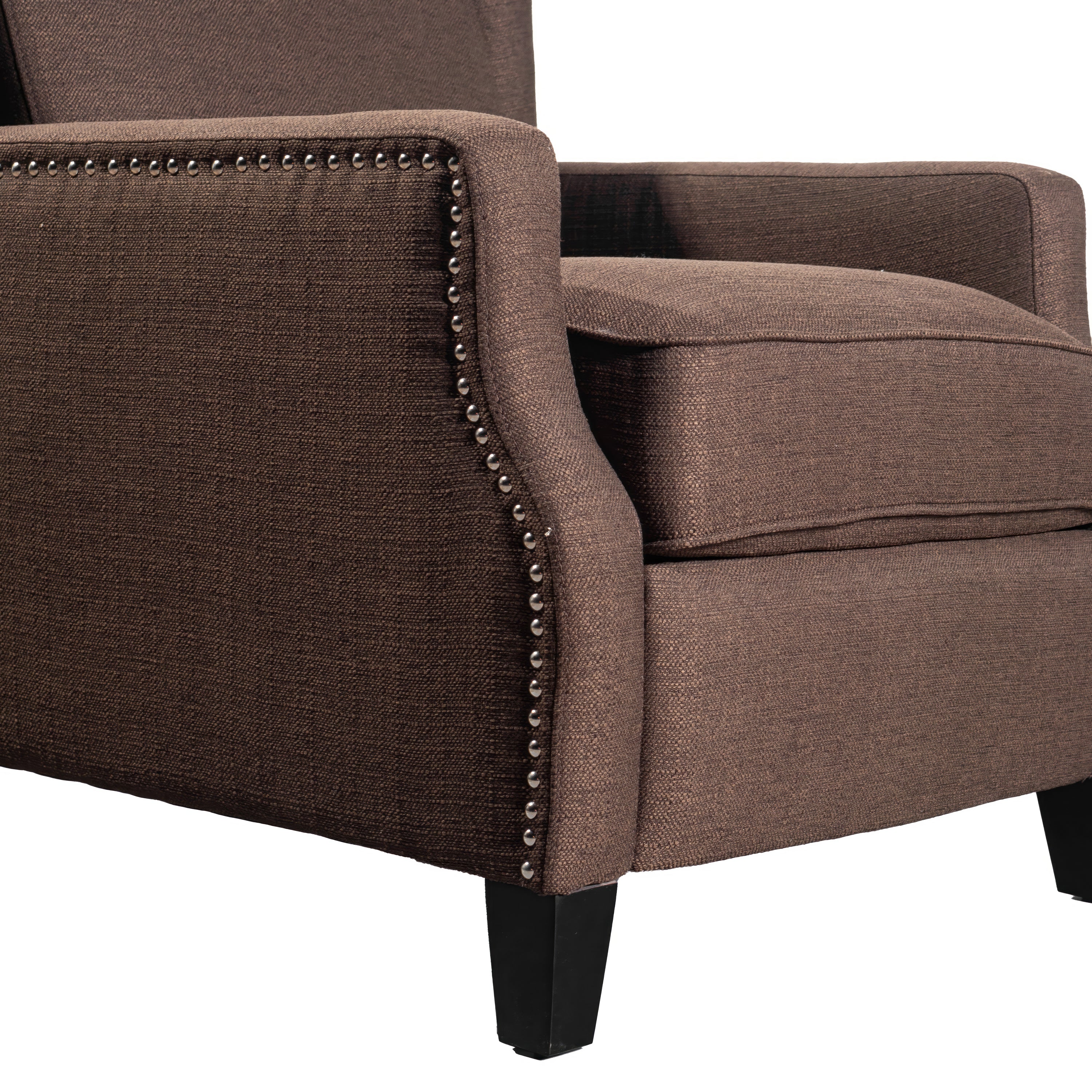 Prescott Traditional Style Slim Push Back Recliner Chair-Wingback Recliner with Brown Polyester Fabric Upholstery-Accent Nail Trim