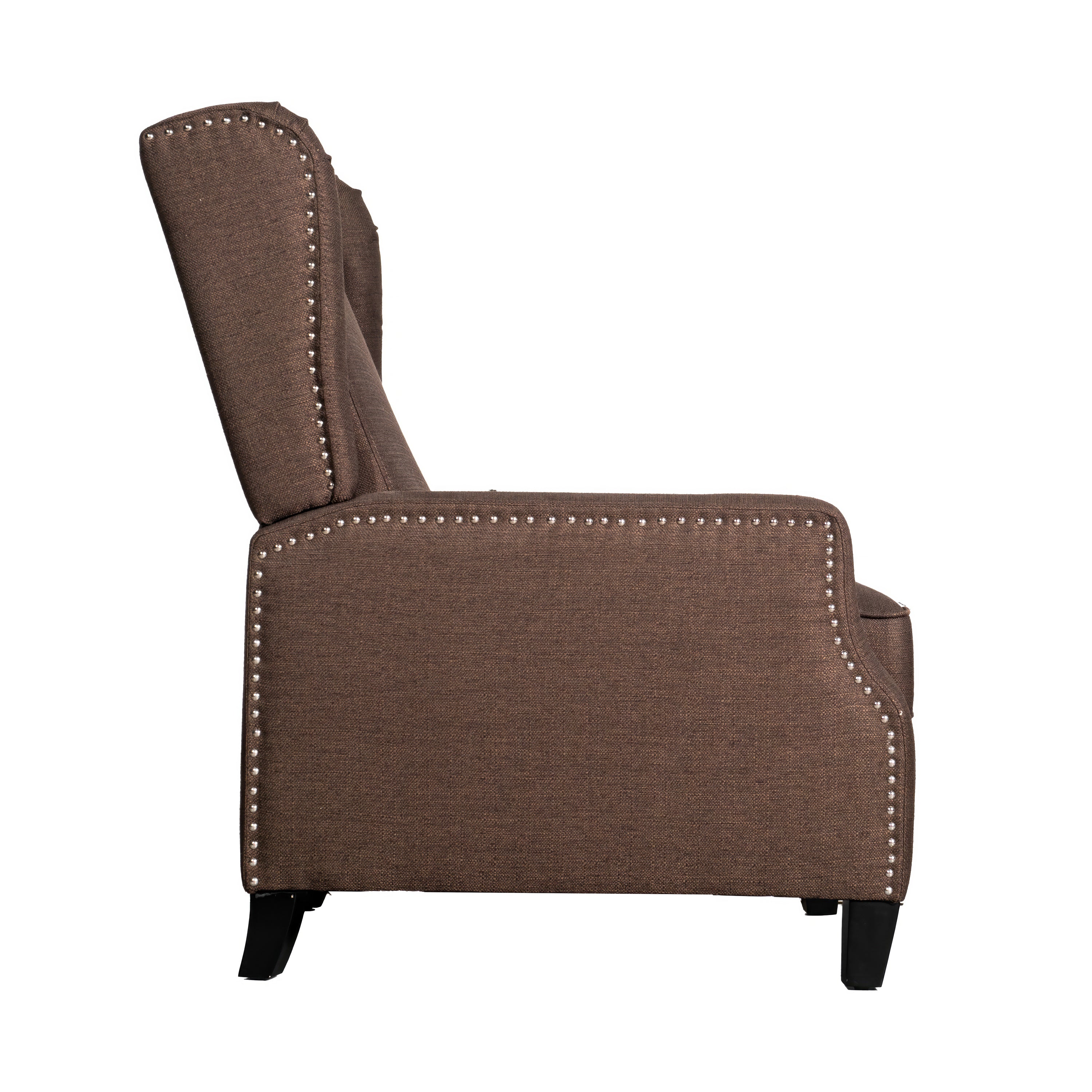Prescott Traditional Style Slim Push Back Recliner Chair-Wingback Recliner with Brown Polyester Fabric Upholstery-Accent Nail Trim