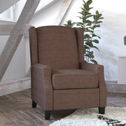 Prescott Traditional Style Slim Push Back Recliner Chair-Wingback Recliner with Brown Polyester Fabric Upholstery-Accent Nail Trim