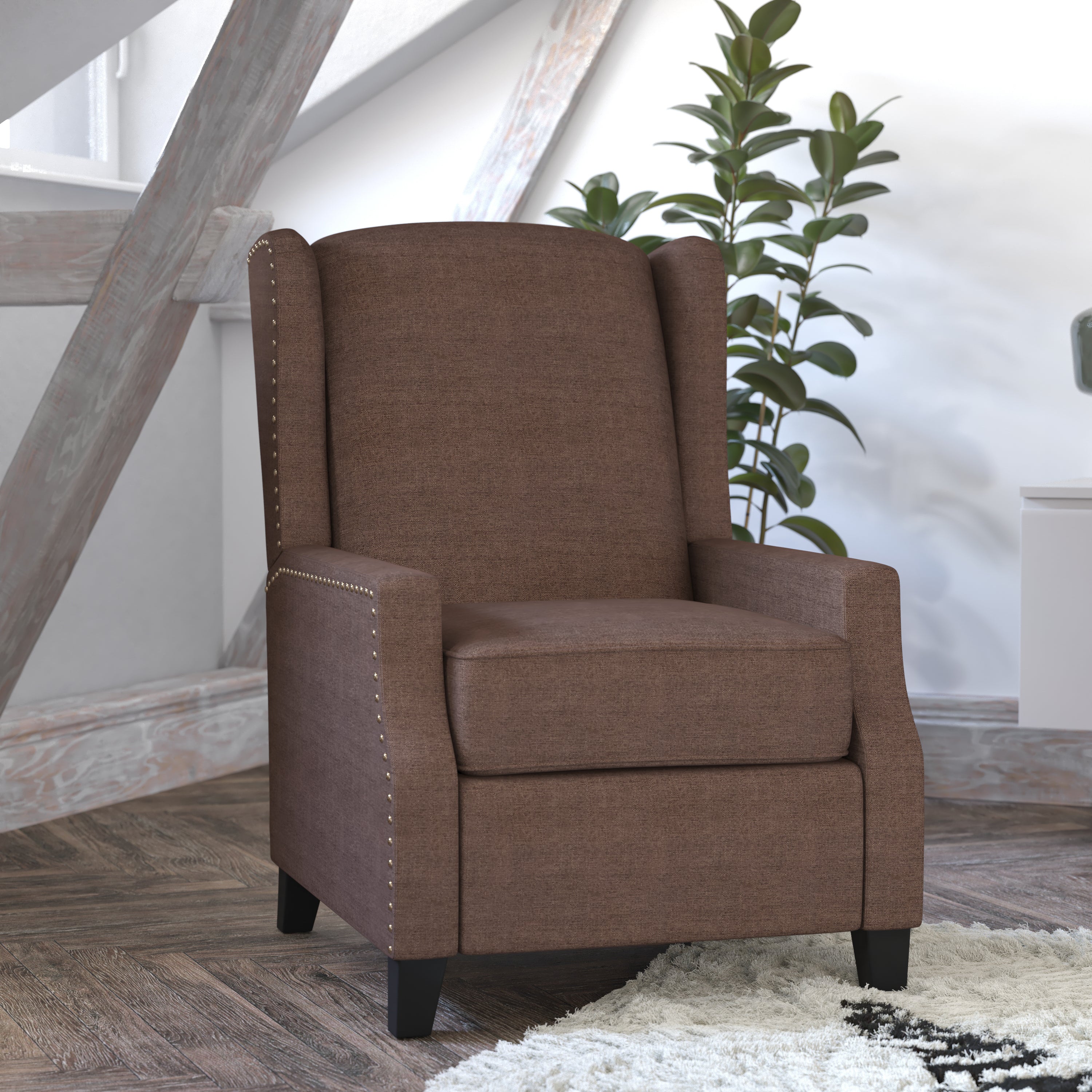 Prescott Traditional Style Slim Push Back Recliner Chair-Wingback Recliner with Brown Polyester Fabric Upholstery-Accent Nail Trim