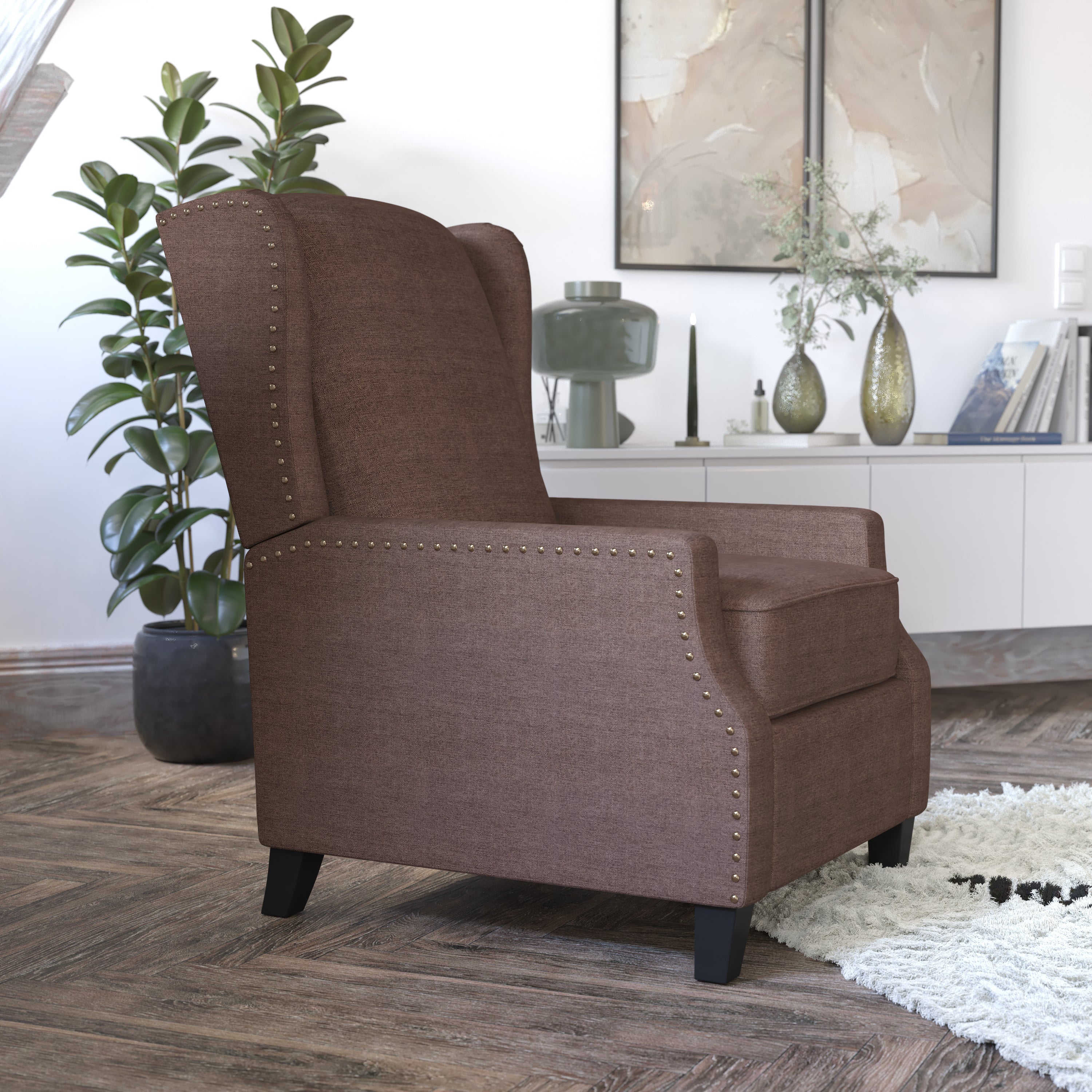 Prescott Traditional Style Slim Push Back Recliner Chair-Wingback Recliner with Brown Polyester Fabric Upholstery-Accent Nail Trim