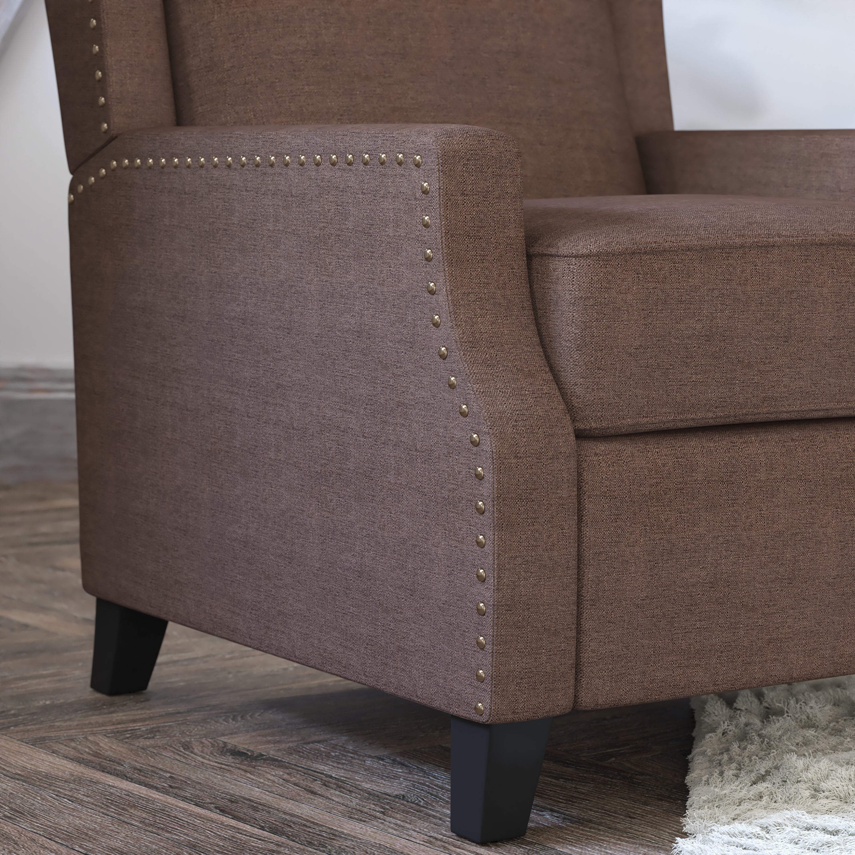 Prescott Traditional Style Slim Push Back Recliner Chair-Wingback Recliner with Brown Polyester Fabric Upholstery-Accent Nail Trim