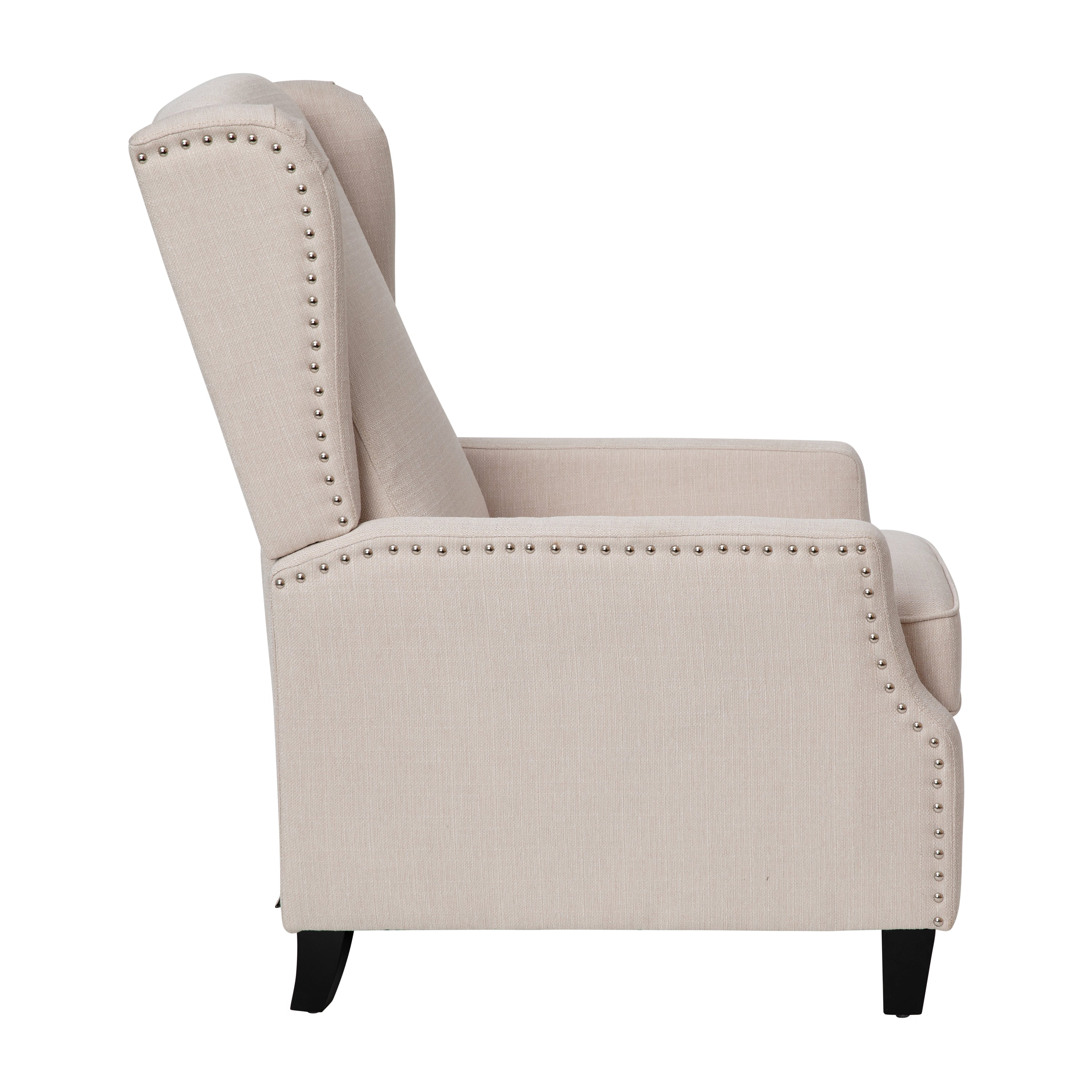 Prescott Traditional Style Slim Push Back Recliner Chair-Wingback Recliner with Cream Fabric Upholstery-Accent Nail Trim