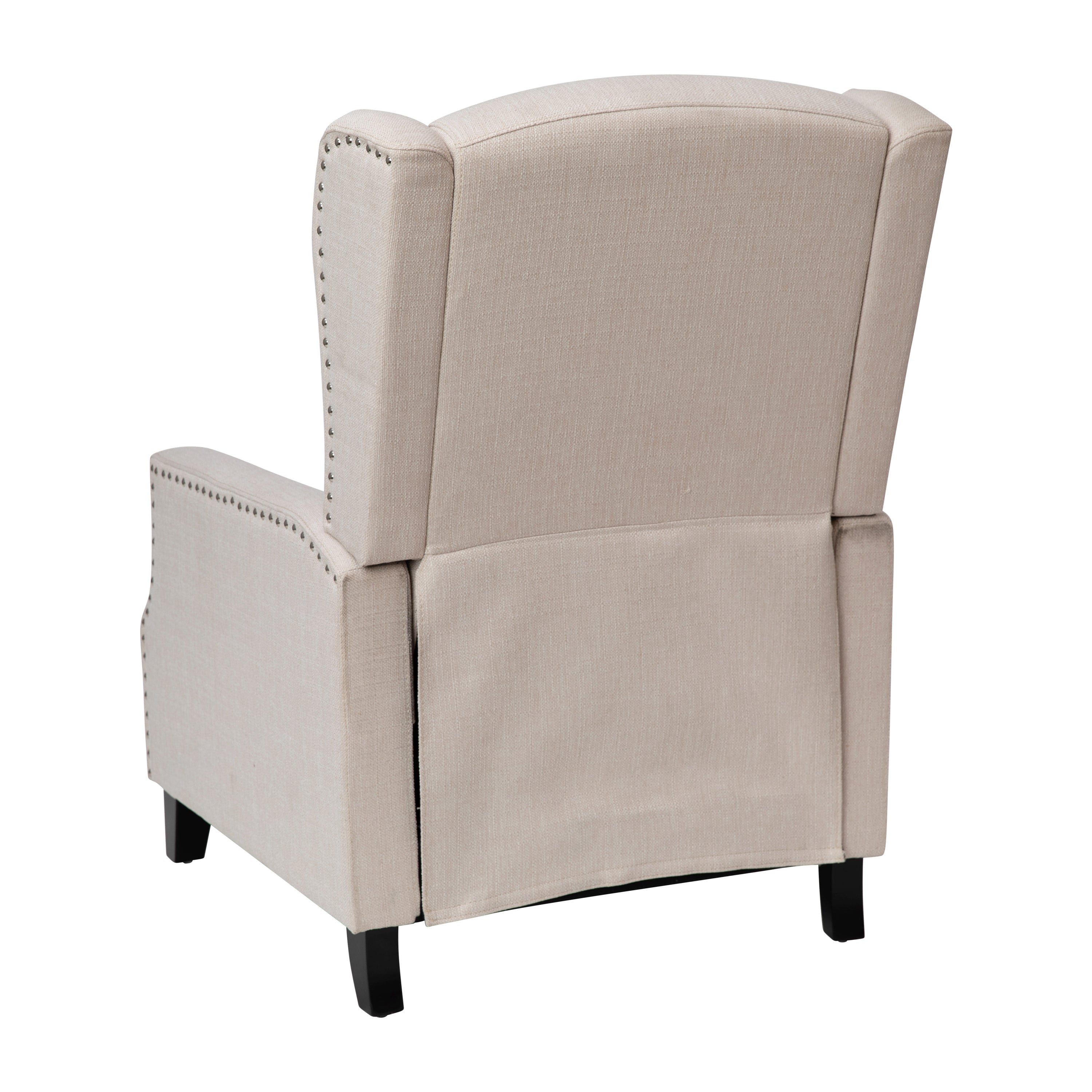Prescott Traditional Style Slim Push Back Recliner Chair-Wingback Recliner with Cream Fabric Upholstery-Accent Nail Trim