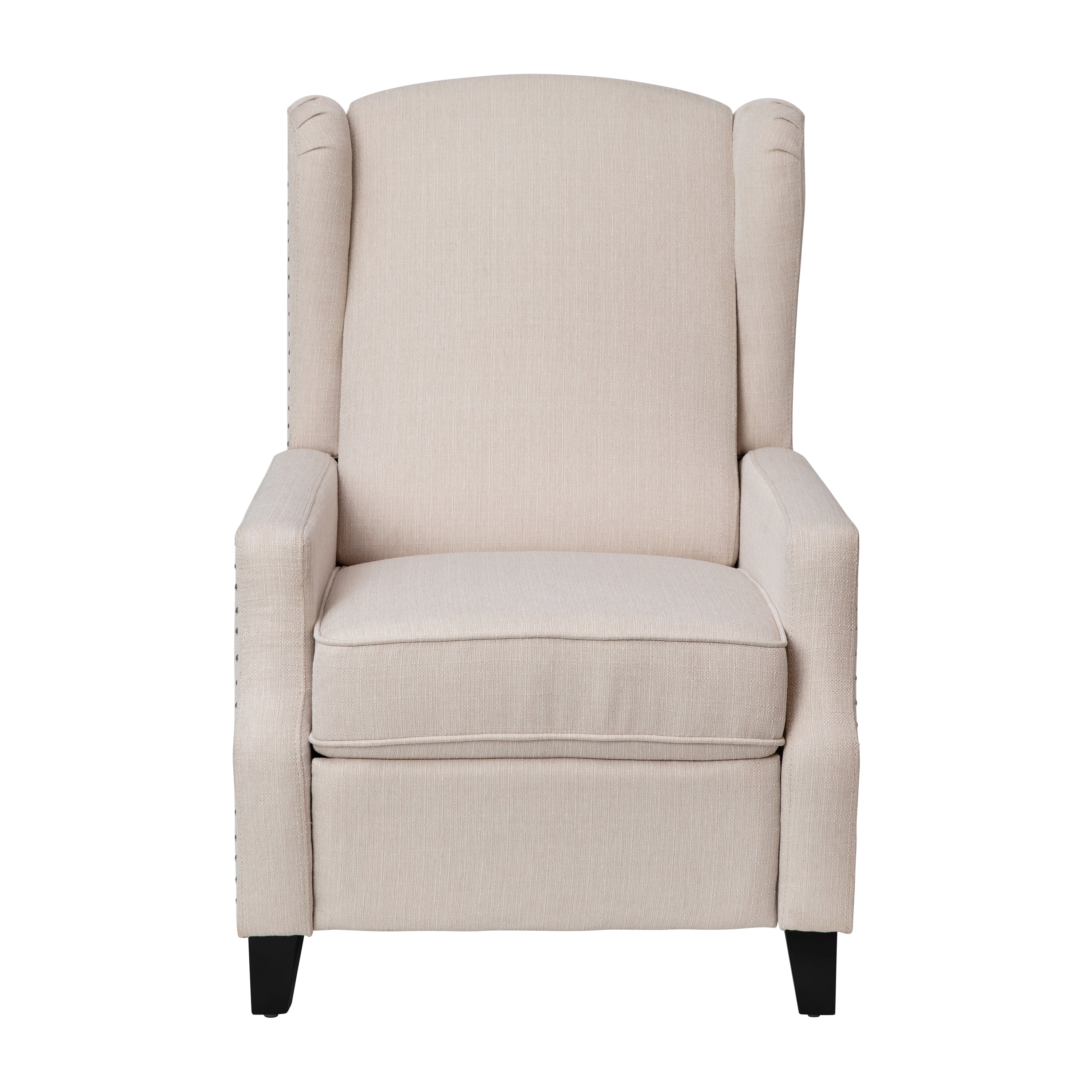 Prescott Traditional Style Slim Push Back Recliner Chair-Wingback Recliner with Cream Fabric Upholstery-Accent Nail Trim