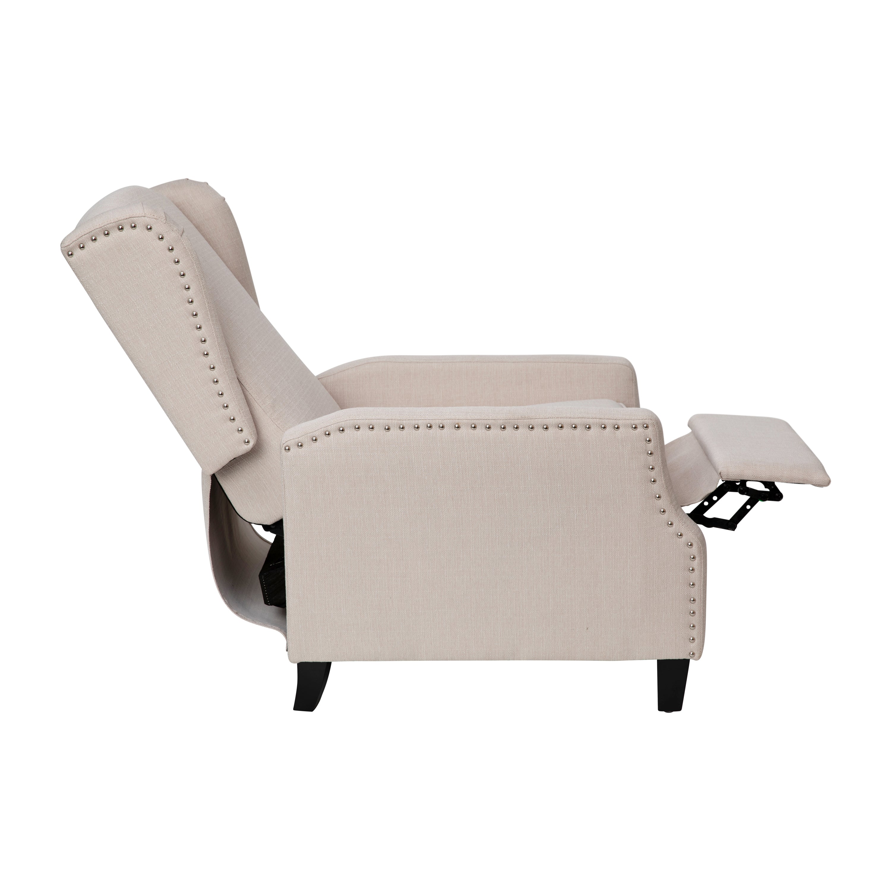 Prescott Traditional Style Slim Push Back Recliner Chair-Wingback Recliner with Cream Fabric Upholstery-Accent Nail Trim