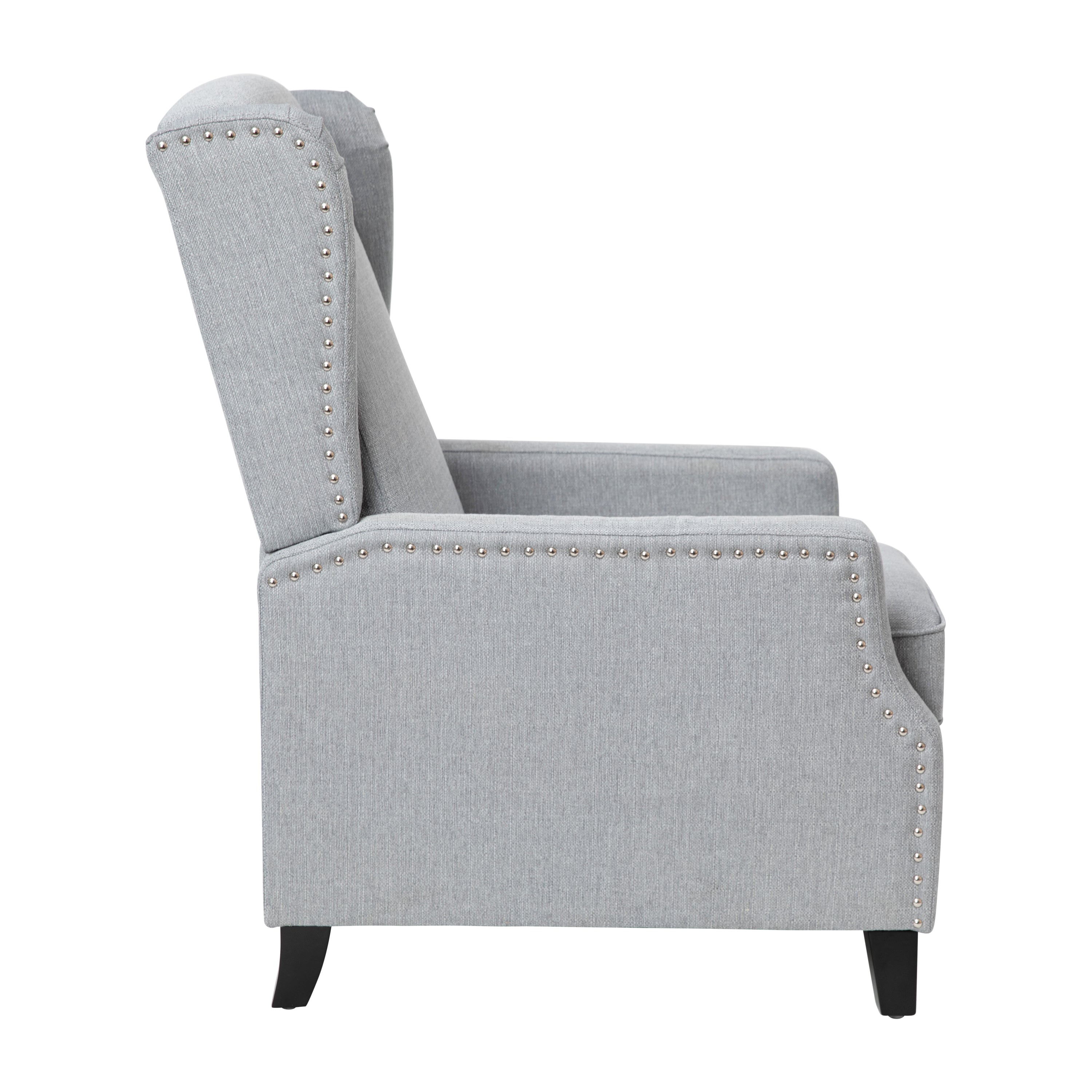 Prescott Traditional Style Slim Push Back Recliner Chair-Wingback Recliner with Gray Polyester Fabric Upholstery-Accent Nail Trim