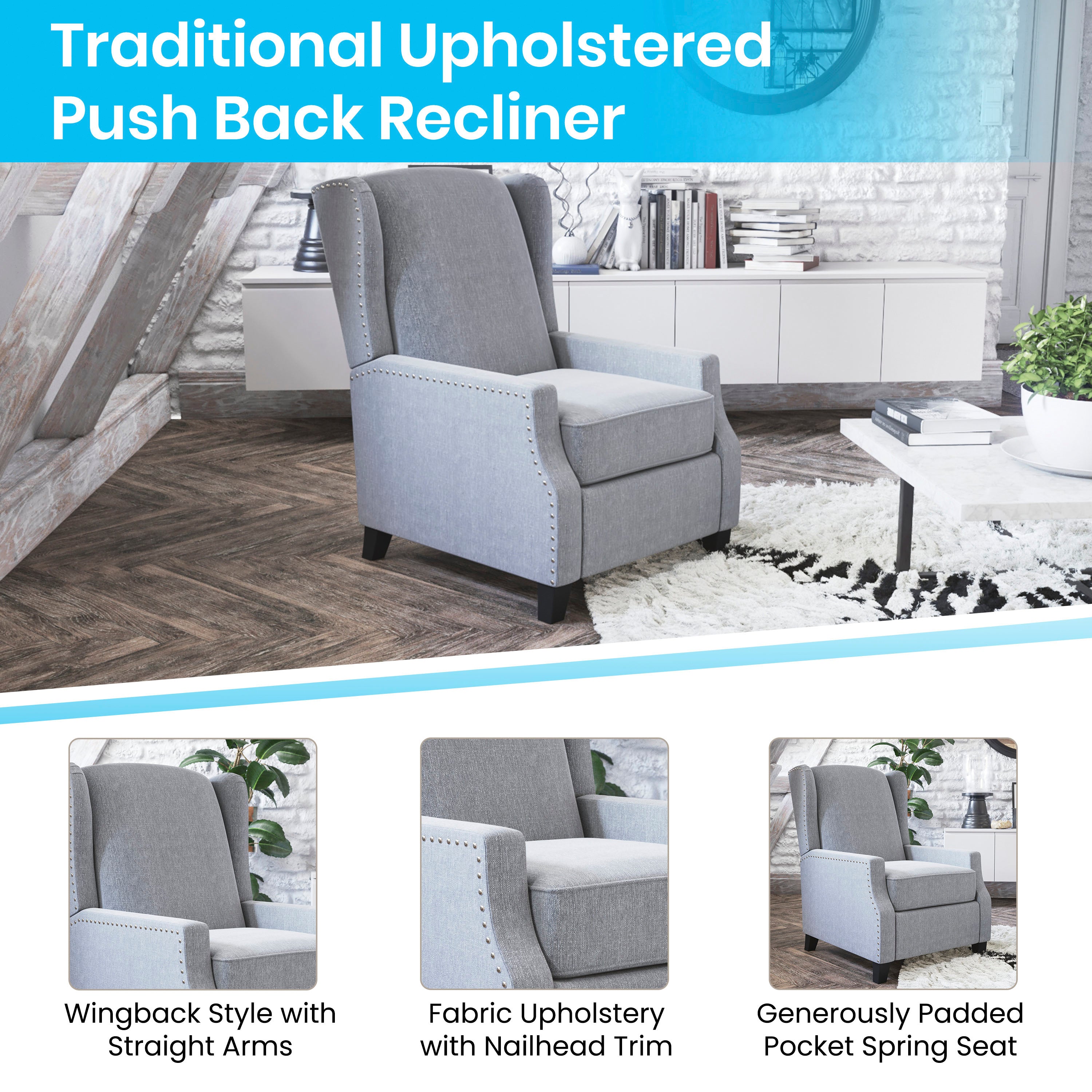 Prescott Traditional Style Slim Push Back Recliner Chair-Wingback Recliner with Gray Polyester Fabric Upholstery-Accent Nail Trim