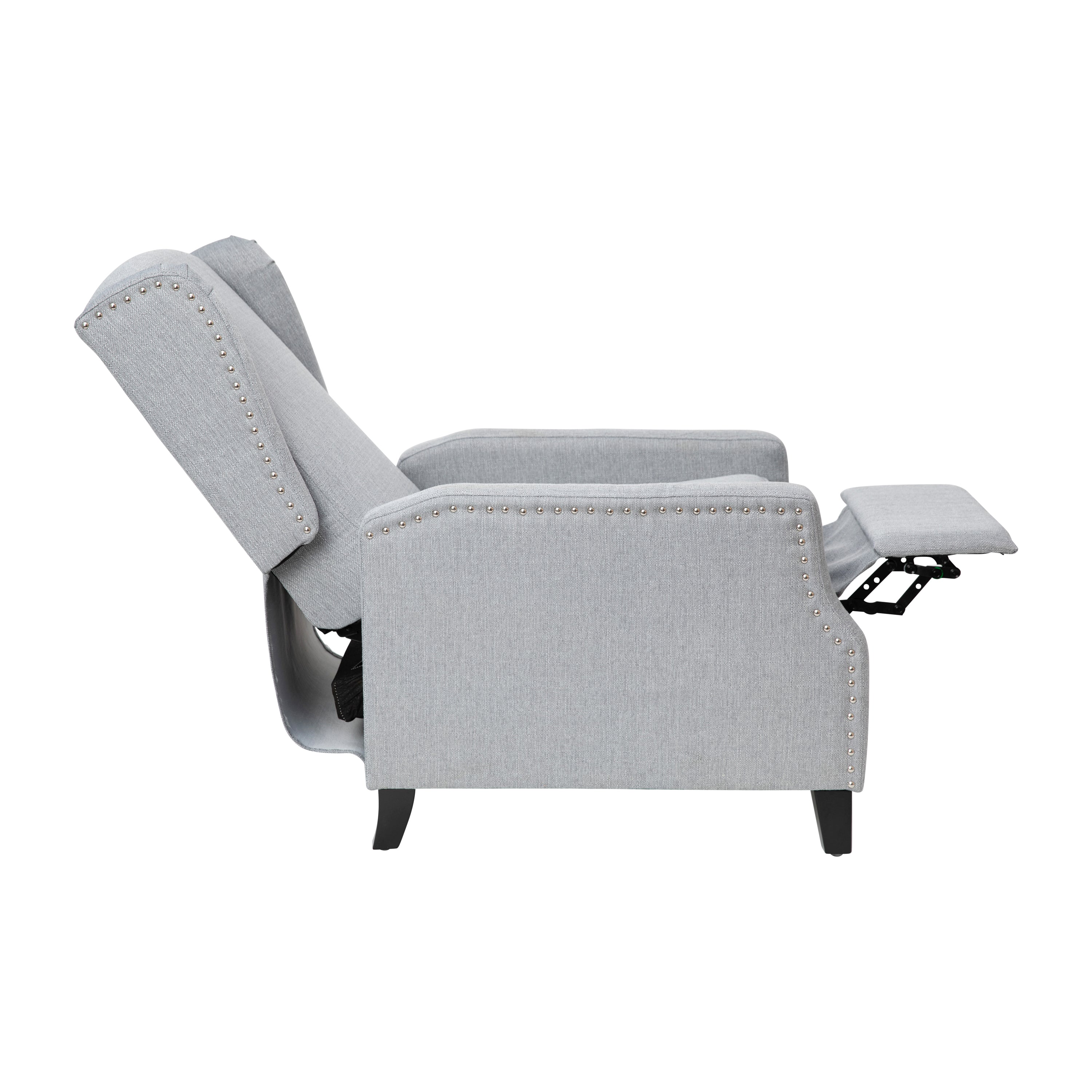 Prescott Traditional Style Slim Push Back Recliner Chair-Wingback Recliner with Gray Polyester Fabric Upholstery-Accent Nail Trim
