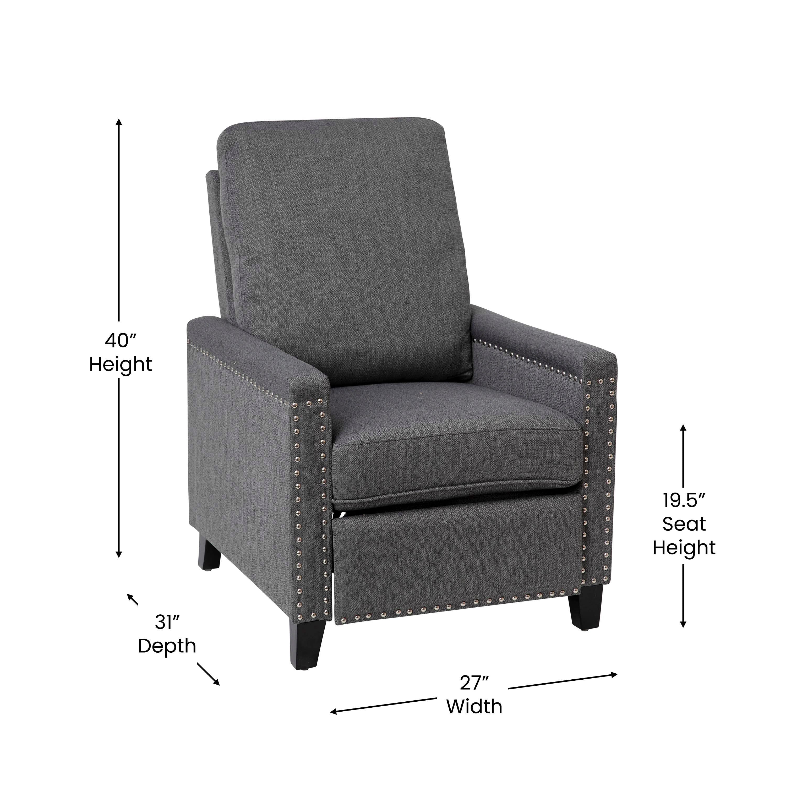 Carson Transitional Style Push Back Recliner Chair - Pillow Back Recliner - Gray Fabric Upholstery - Accent Nail Trim