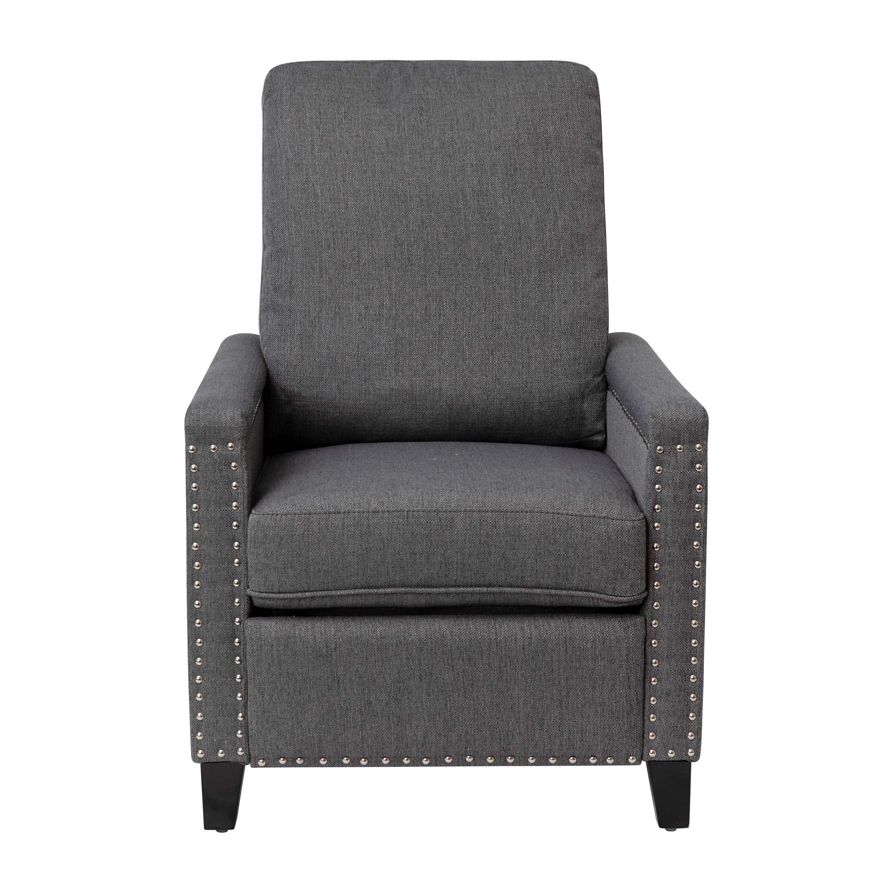 Carson Transitional Style Push Back Recliner Chair - Pillow Back Recliner - Gray Fabric Upholstery - Accent Nail Trim