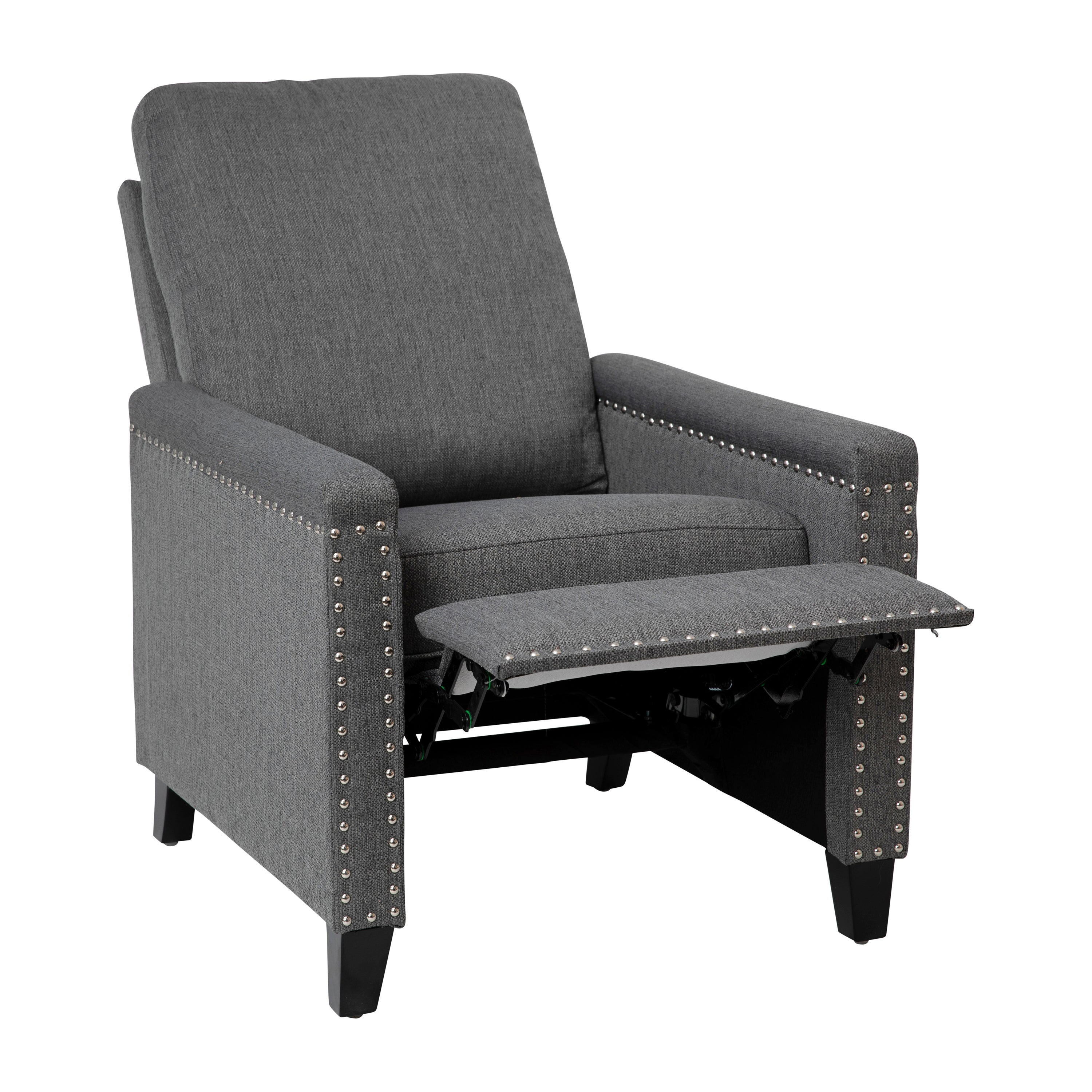 Carson Transitional Style Push Back Recliner Chair - Pillow Back Recliner - Gray Fabric Upholstery - Accent Nail Trim
