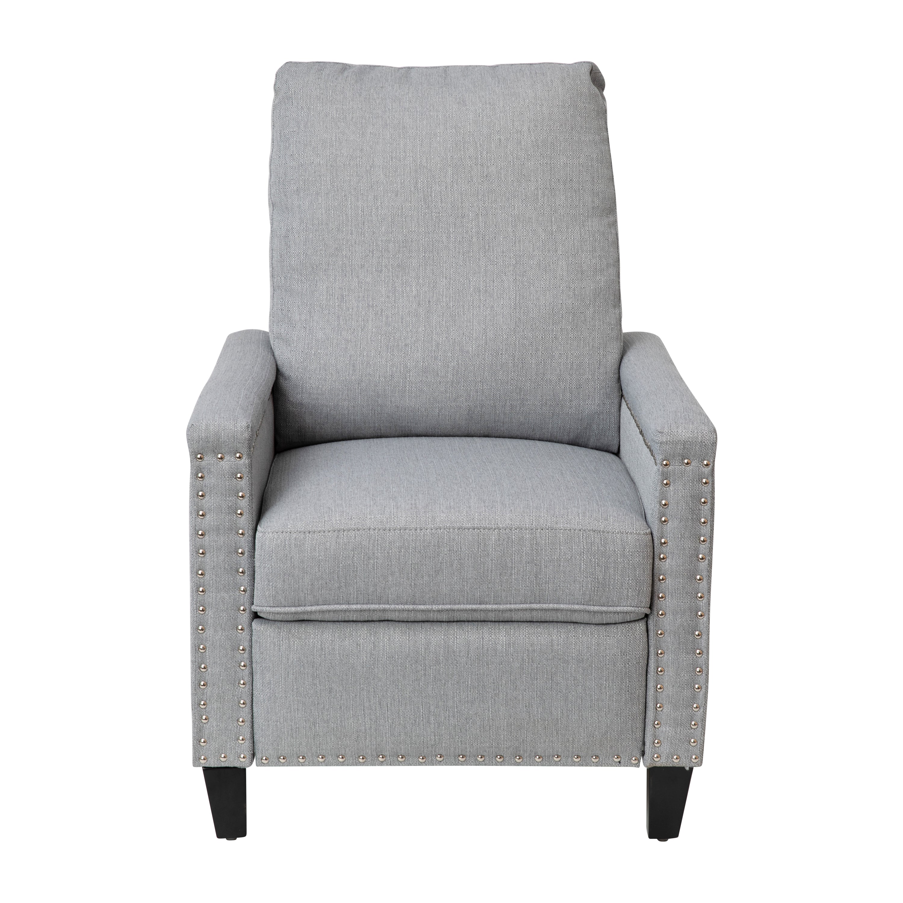 Carson Transitional Style Push Back Recliner Chair - Pillow Back Recliner - Light Gray Fabric Upholstery - Accent Nail Trim