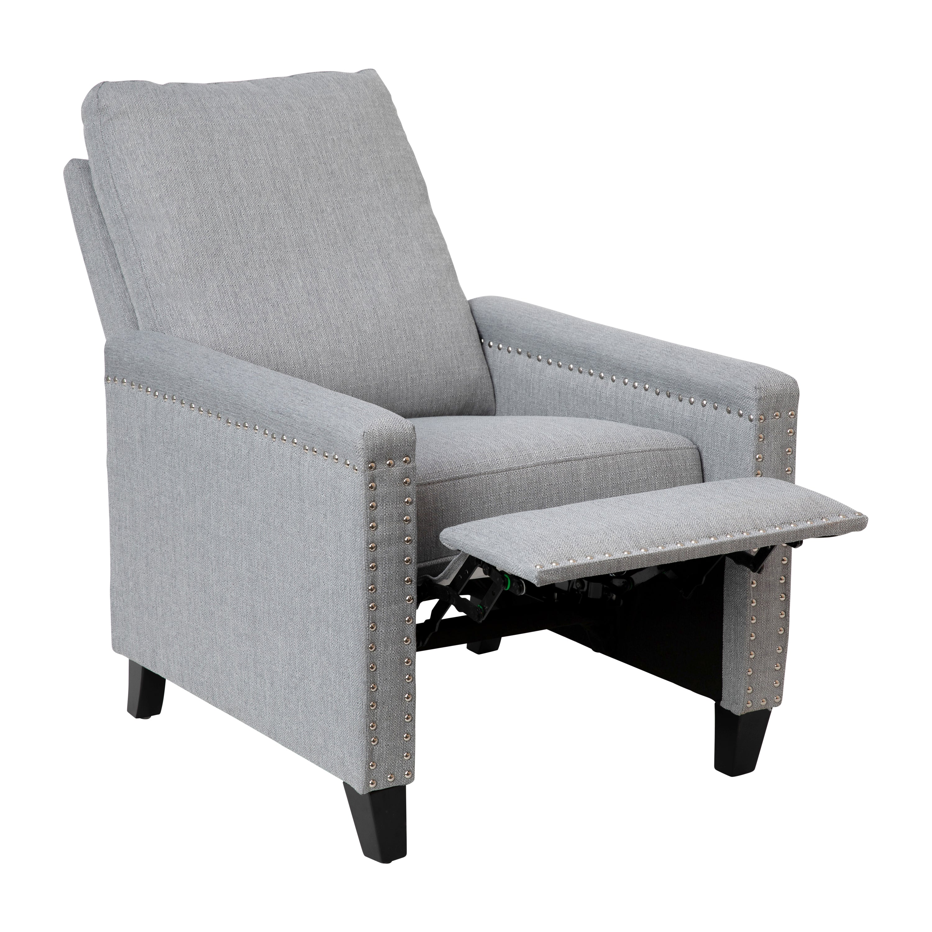 Carson Transitional Style Push Back Recliner Chair - Pillow Back Recliner - Light Gray Fabric Upholstery - Accent Nail Trim