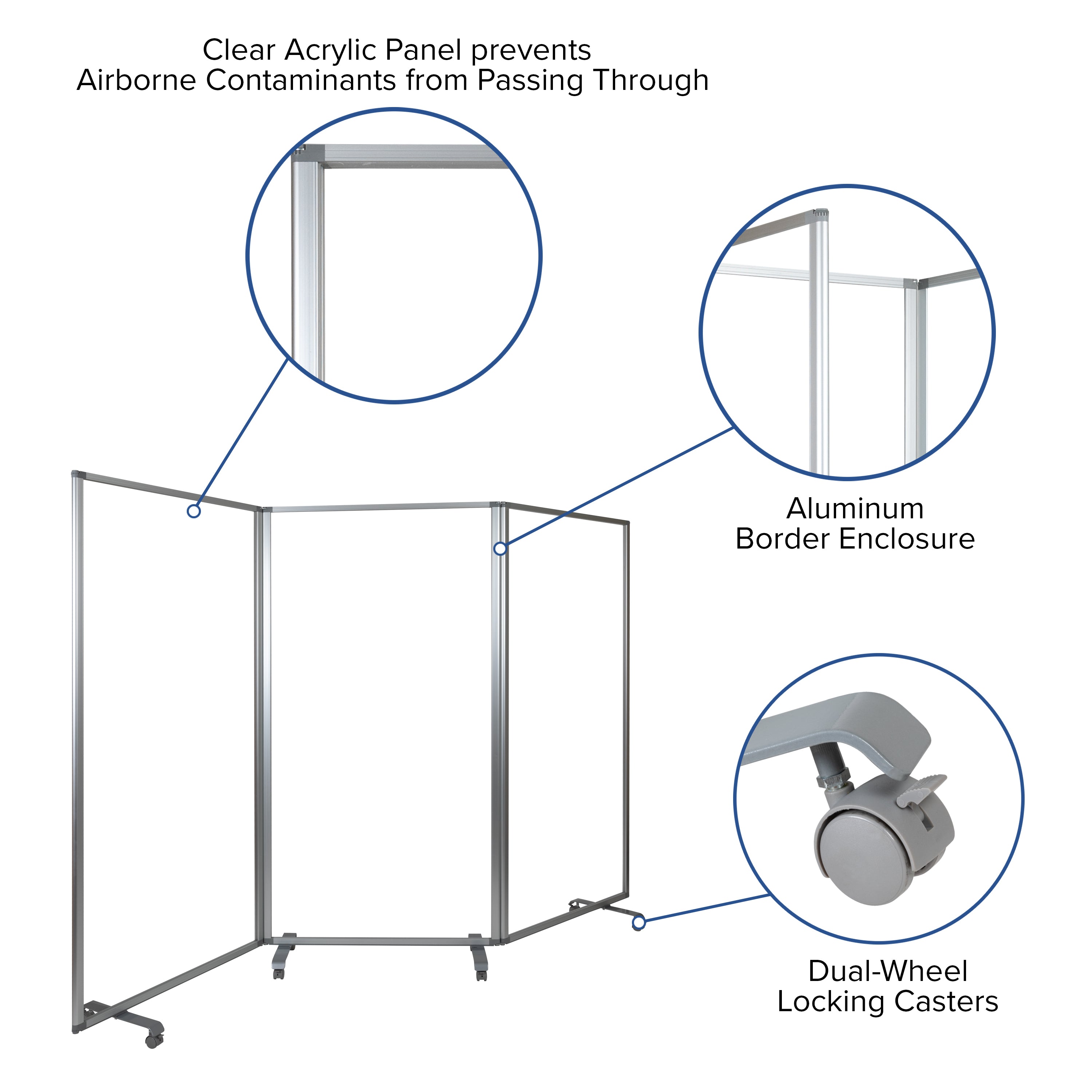 Raisley Transparent Acrylic Mobile Partition with Lockable Casters, 72"H x 36"L (3 Sections Included)