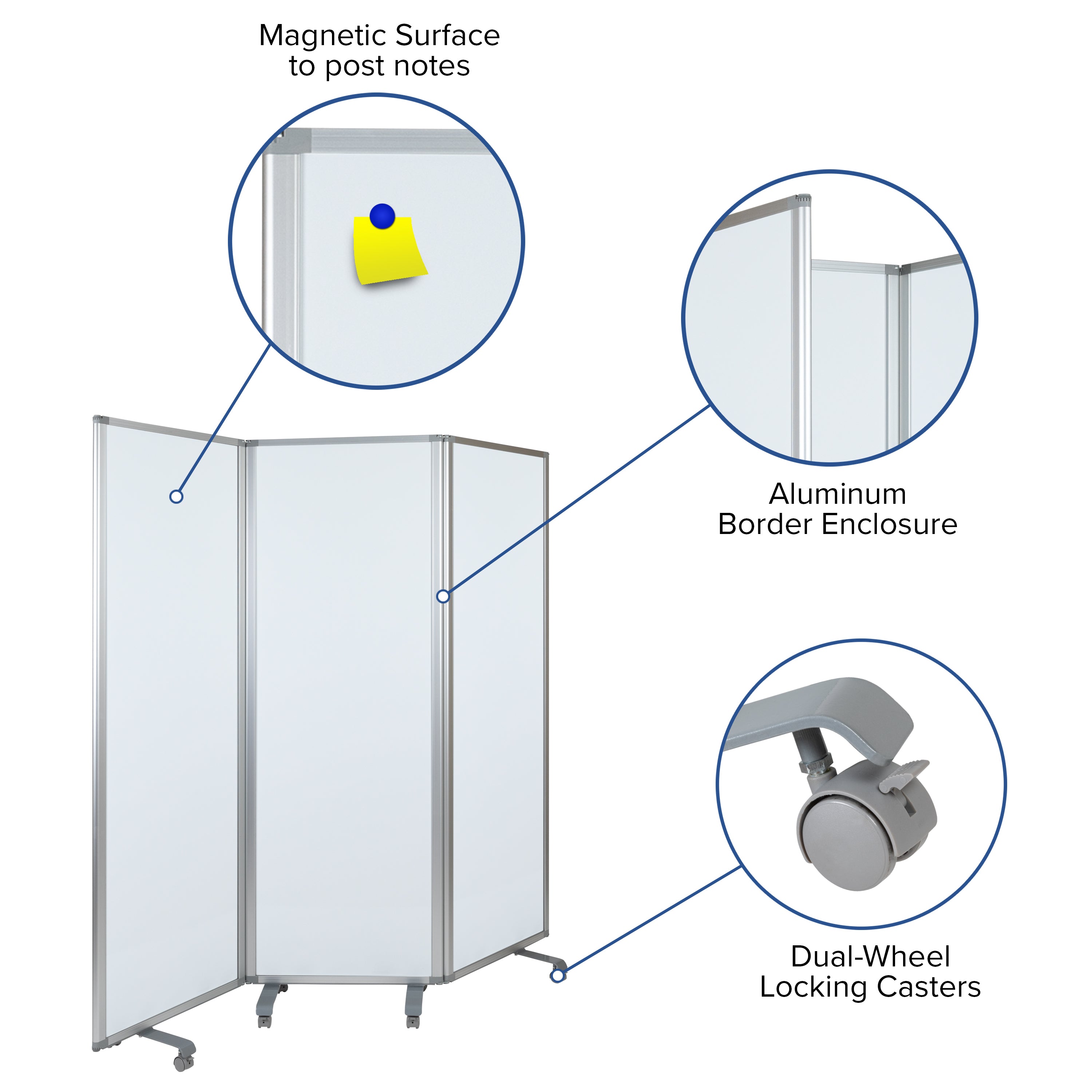 Raisley Mobile Magnetic Whiteboard Partition with Lockable Casters, 72"H x 24"W (3 sections included)