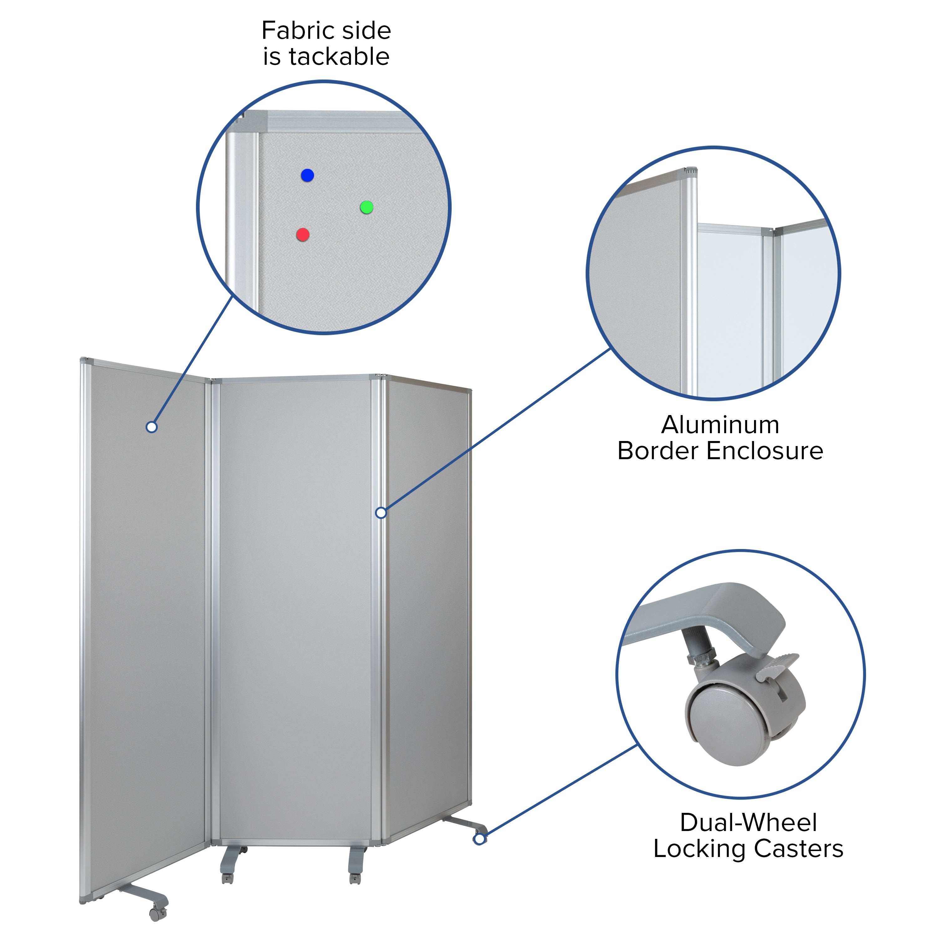 Raisley Double Sided Mobile Magnetic Whiteboard/Cloth Partition with Lockable Casters, 72"H x 24"W (3 sections included)