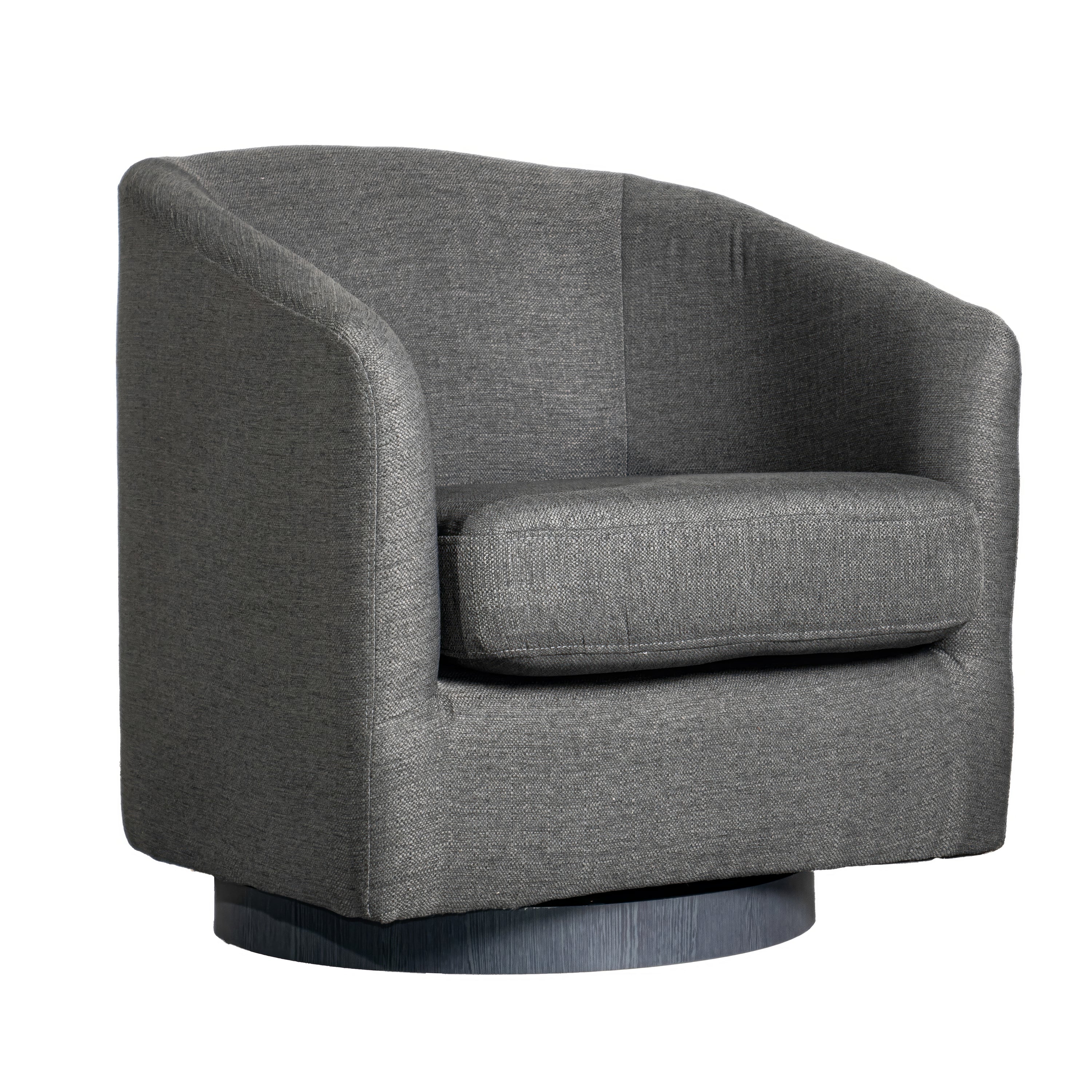 Landon Club Style Commercial Barrel Accent Armchair with 360 Degree Swivel Metal Base and Sloped Armrests in Dark Gray Fabric Upholstery