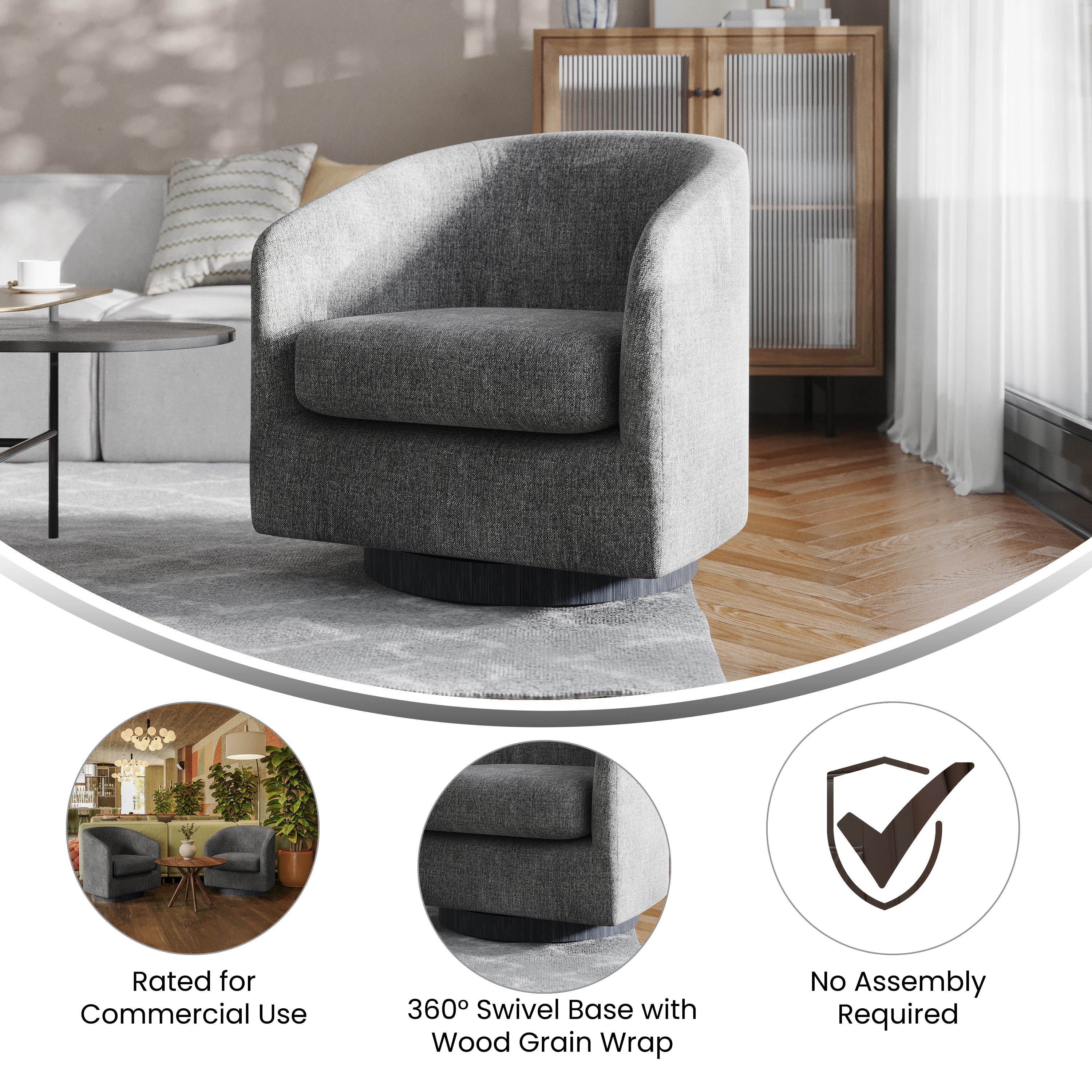 Landon Club Style Commercial Barrel Accent Armchair with 360 Degree Swivel Metal Base and Sloped Armrests in Dark Gray Fabric Upholstery