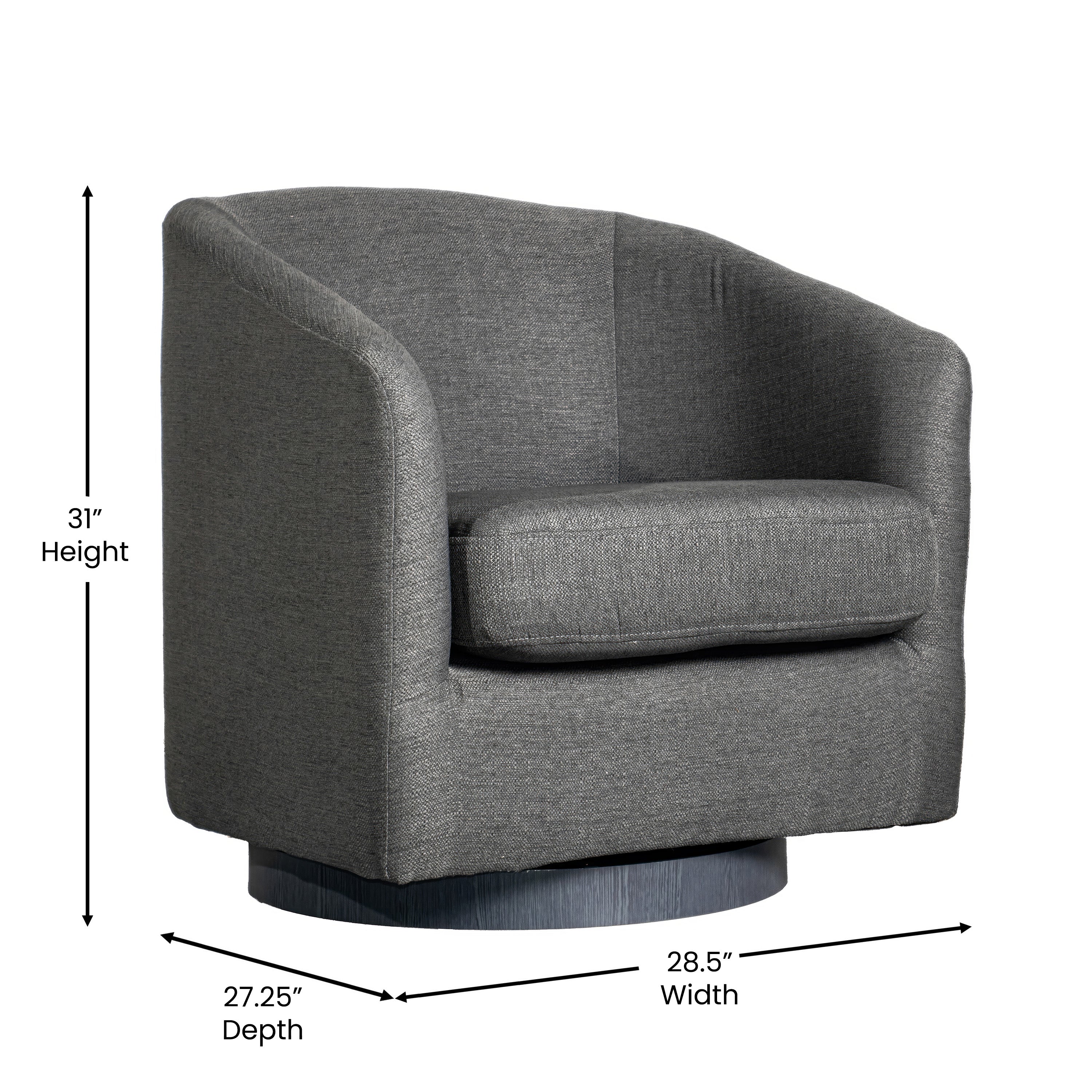 Landon Club Style Commercial Barrel Accent Armchair with 360 Degree Swivel Metal Base and Sloped Armrests in Dark Gray Fabric Upholstery