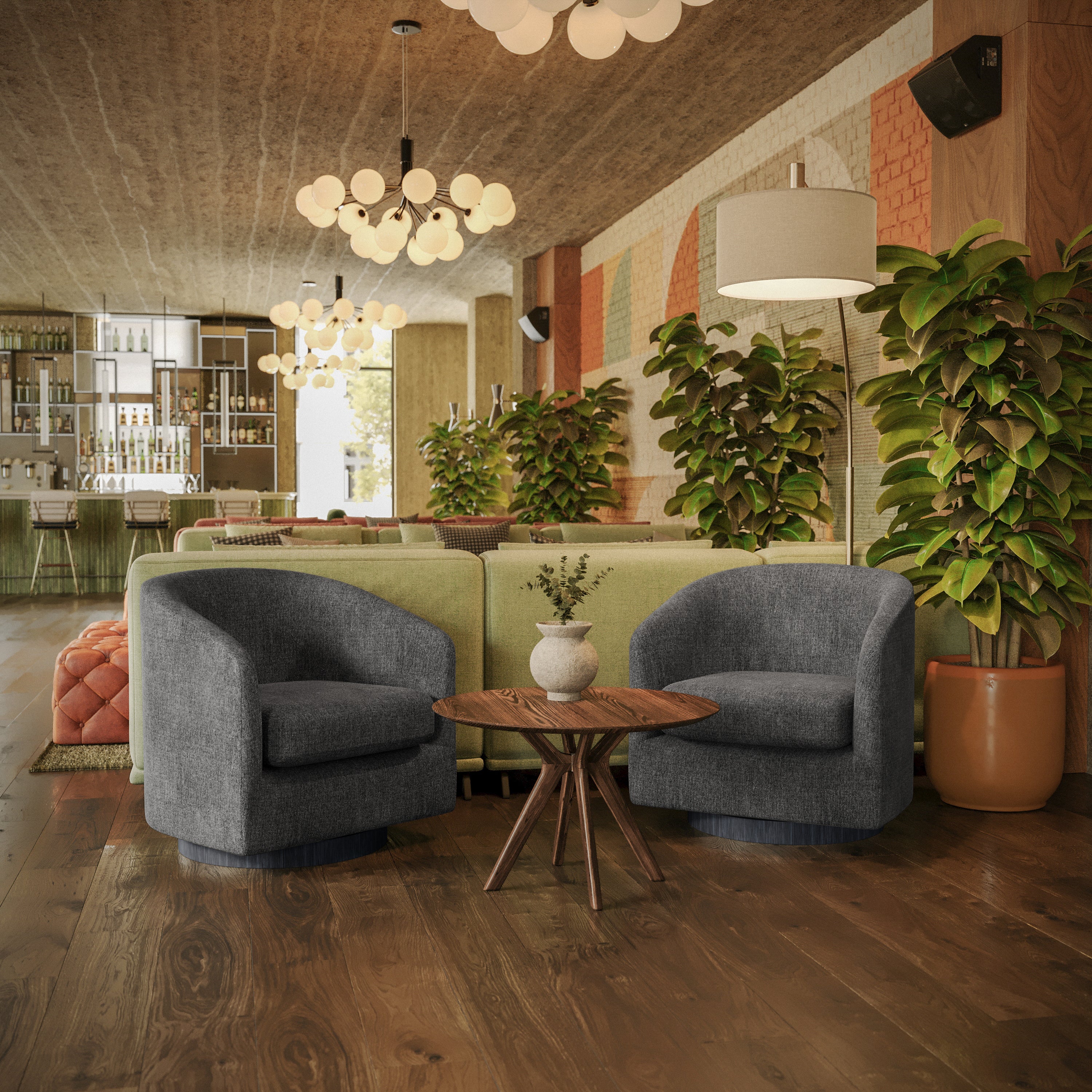 Landon Club Style Commercial Barrel Accent Armchair with 360 Degree Swivel Metal Base and Sloped Armrests in Dark Gray Fabric Upholstery