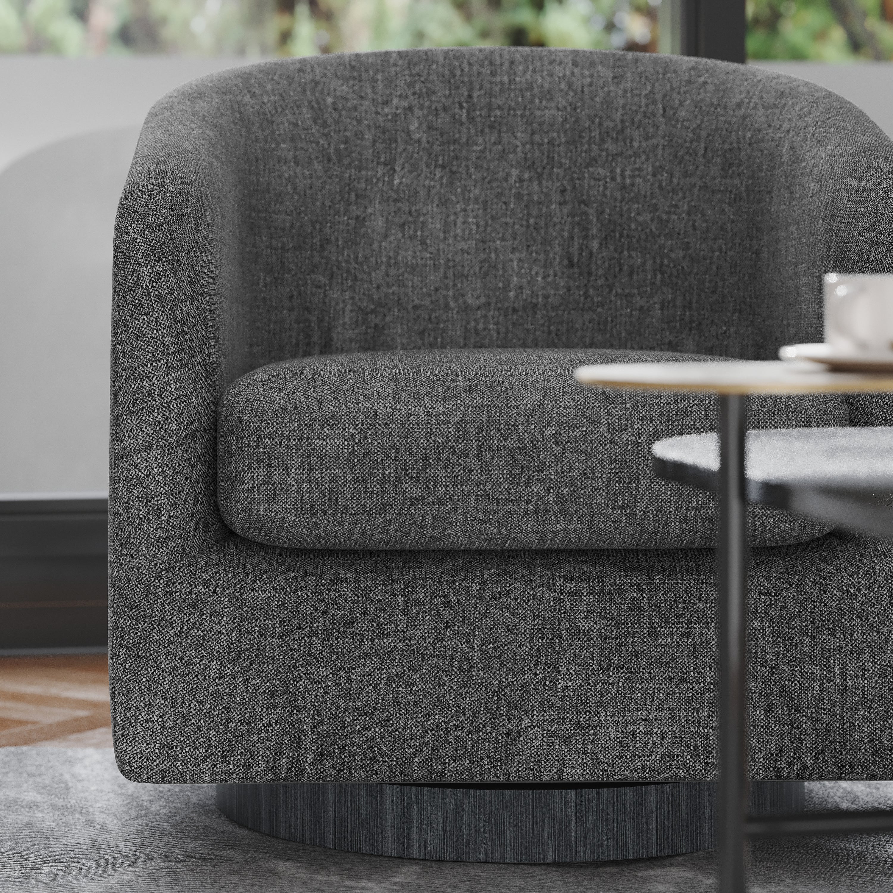 Landon Club Style Commercial Barrel Accent Armchair with 360 Degree Swivel Metal Base and Sloped Armrests in Dark Gray Fabric Upholstery