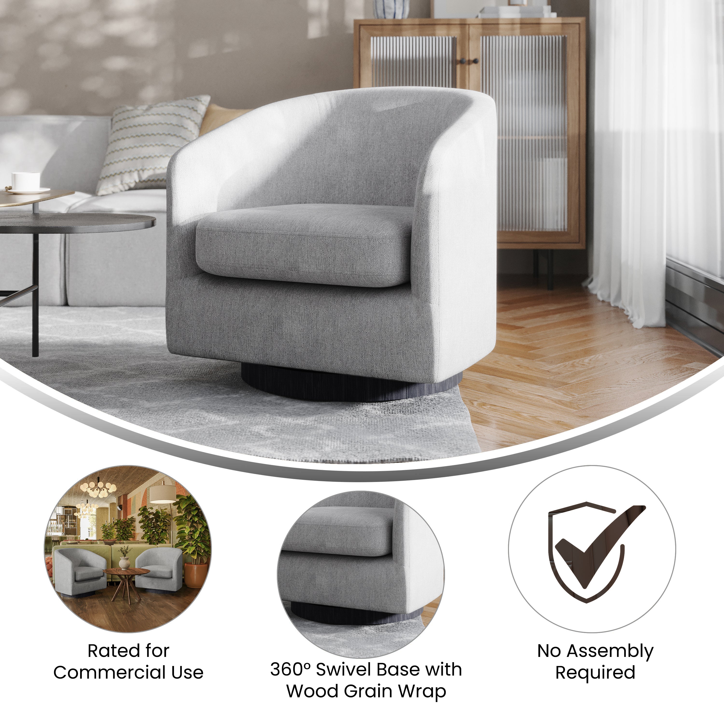 Landon Club Style Commercial Barrel Accent Armchair with 360 Degree Swivel Metal Base and Sloped Armrests in Light Gray Fabric Upholstery
