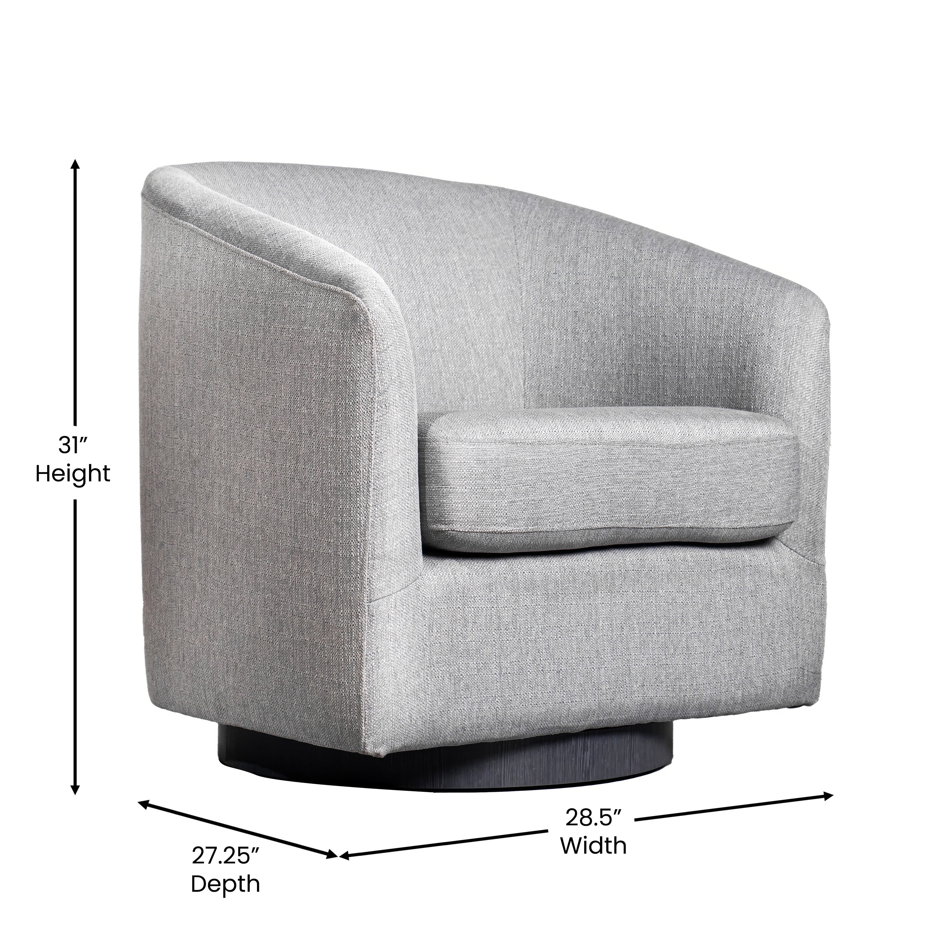 Landon Club Style Commercial Barrel Accent Armchair with 360 Degree Swivel Metal Base and Sloped Armrests in Light Gray Fabric Upholstery