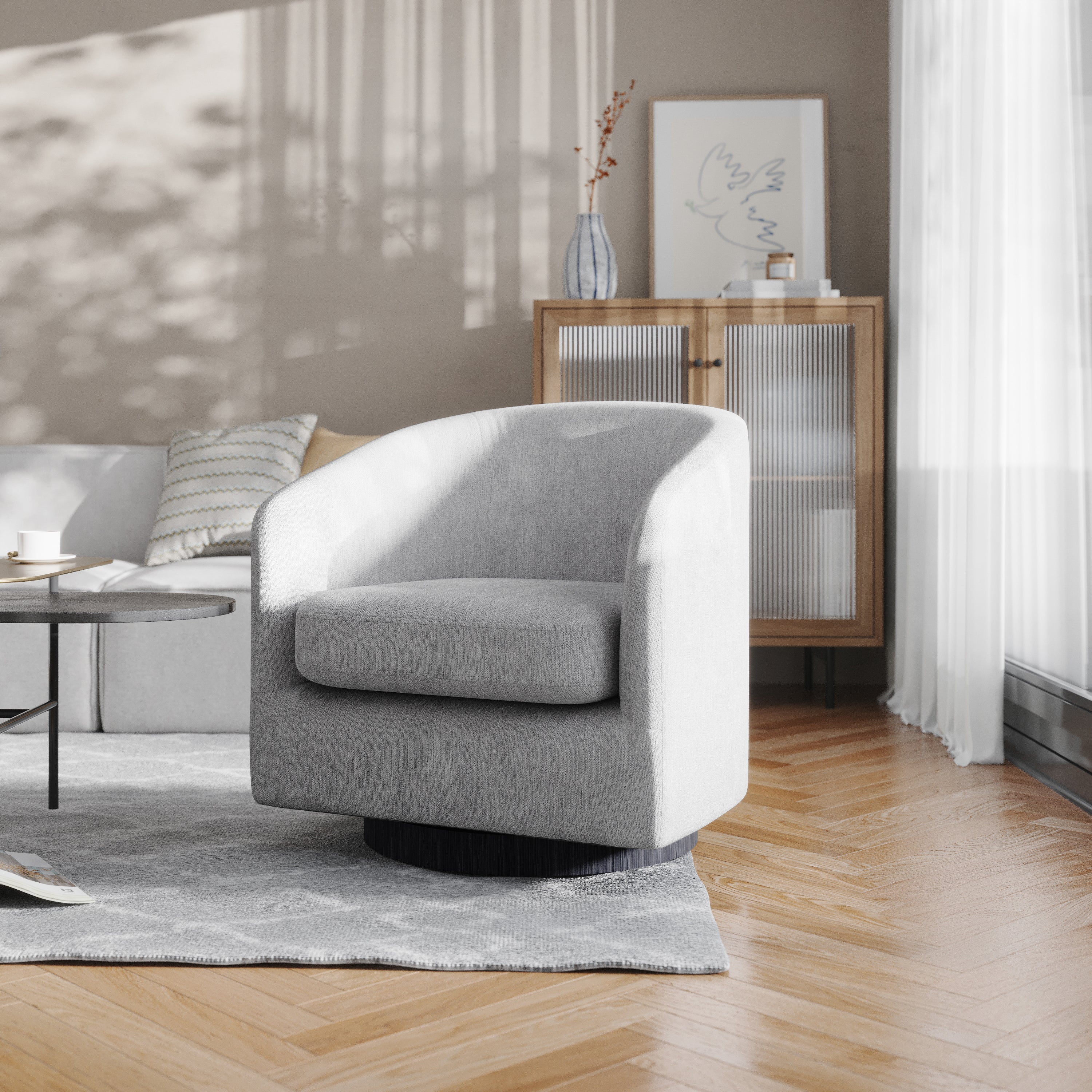 Landon Club Style Commercial Barrel Accent Armchair with 360 Degree Swivel Metal Base and Sloped Armrests in Light Gray Fabric Upholstery