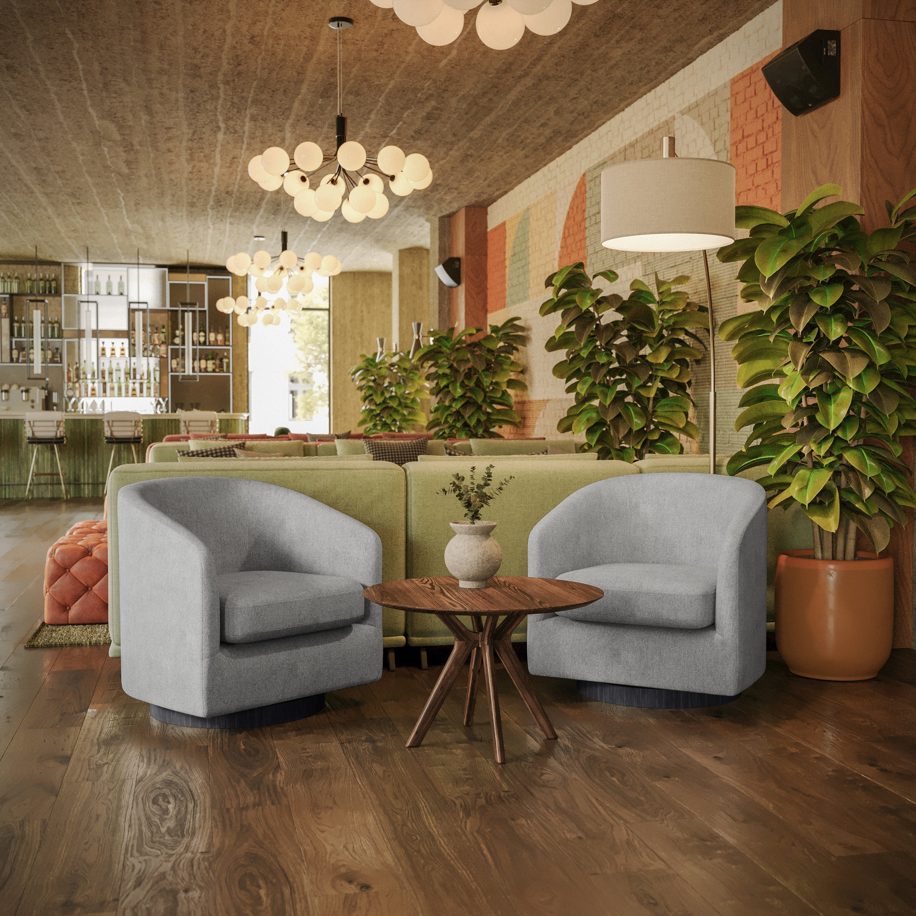 Landon Club Style Commercial Barrel Accent Armchair with 360 Degree Swivel Metal Base and Sloped Armrests in Light Gray Fabric Upholstery