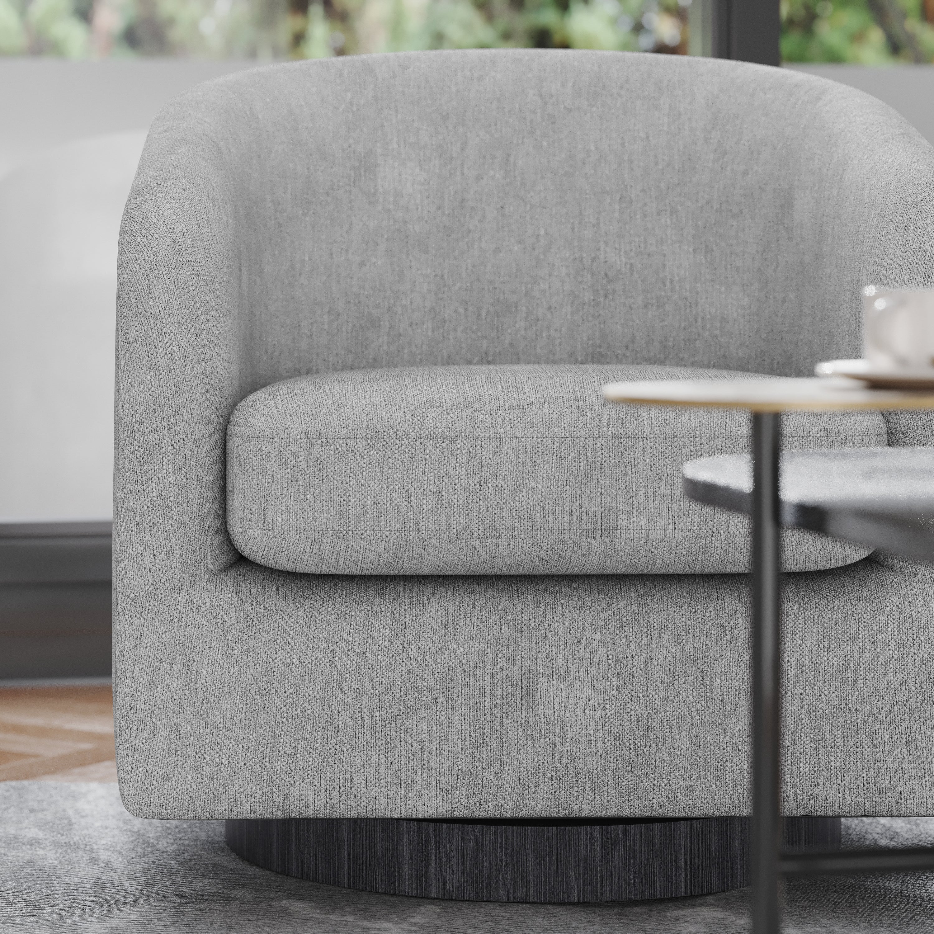 Landon Club Style Commercial Barrel Accent Armchair with 360 Degree Swivel Metal Base and Sloped Armrests in Light Gray Fabric Upholstery