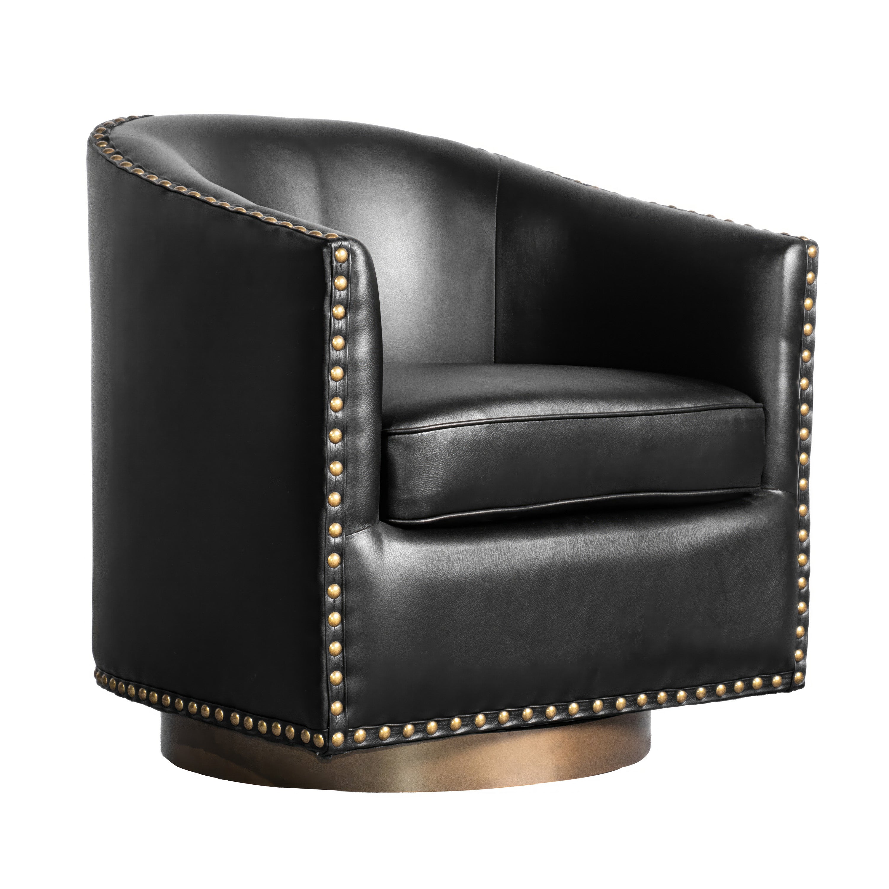 Myles Club Style Commercial Barrel Accent Armchair with 360° Swivel Metal Base and Black Leathersoft Upholstery with Brass Decorative Nail Head Trim
