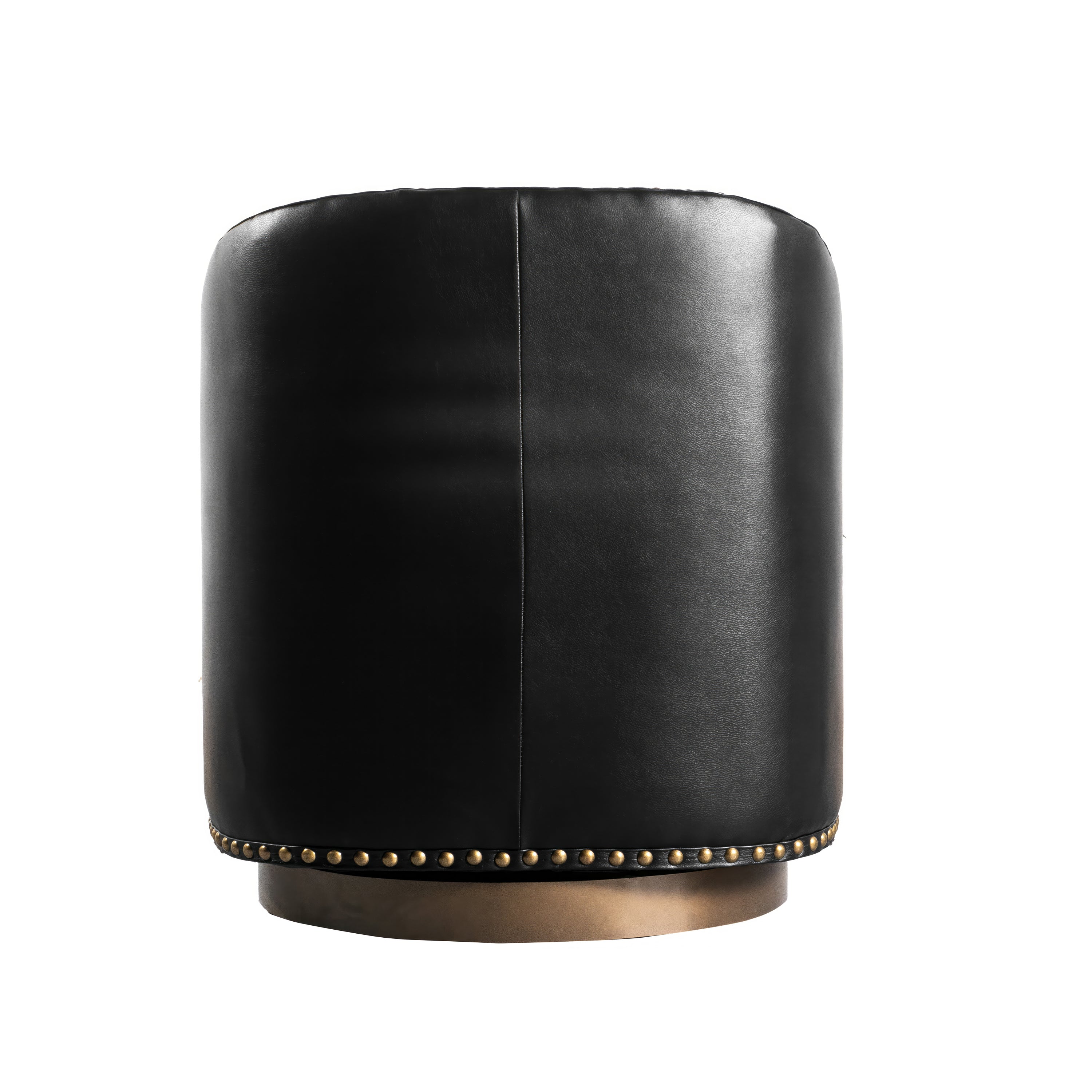 Myles Club Style Commercial Barrel Accent Armchair with 360° Swivel Metal Base and Black Leathersoft Upholstery with Brass Decorative Nail Head Trim