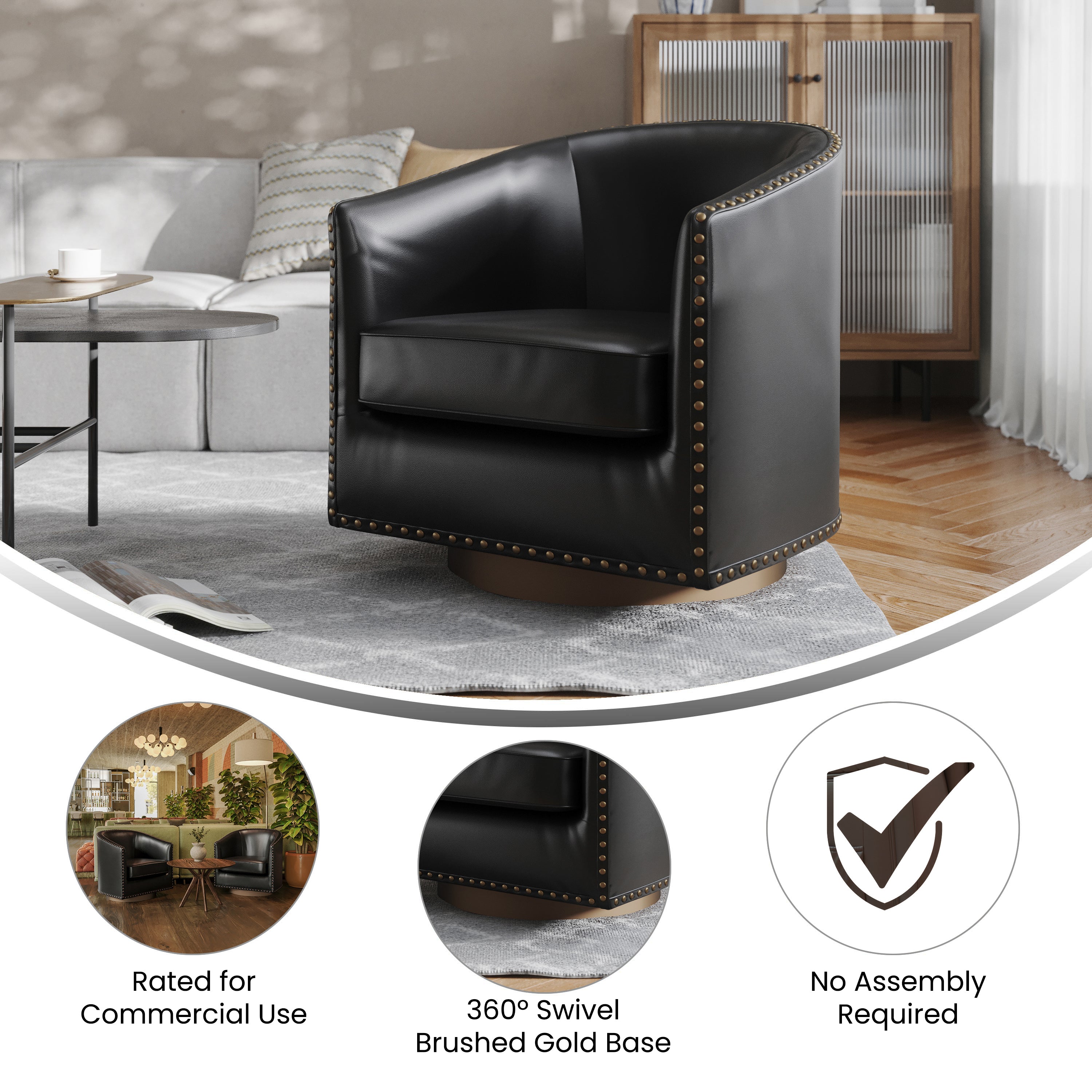 Myles Club Style Commercial Barrel Accent Armchair with 360° Swivel Metal Base and Black Leathersoft Upholstery with Brass Decorative Nail Head Trim