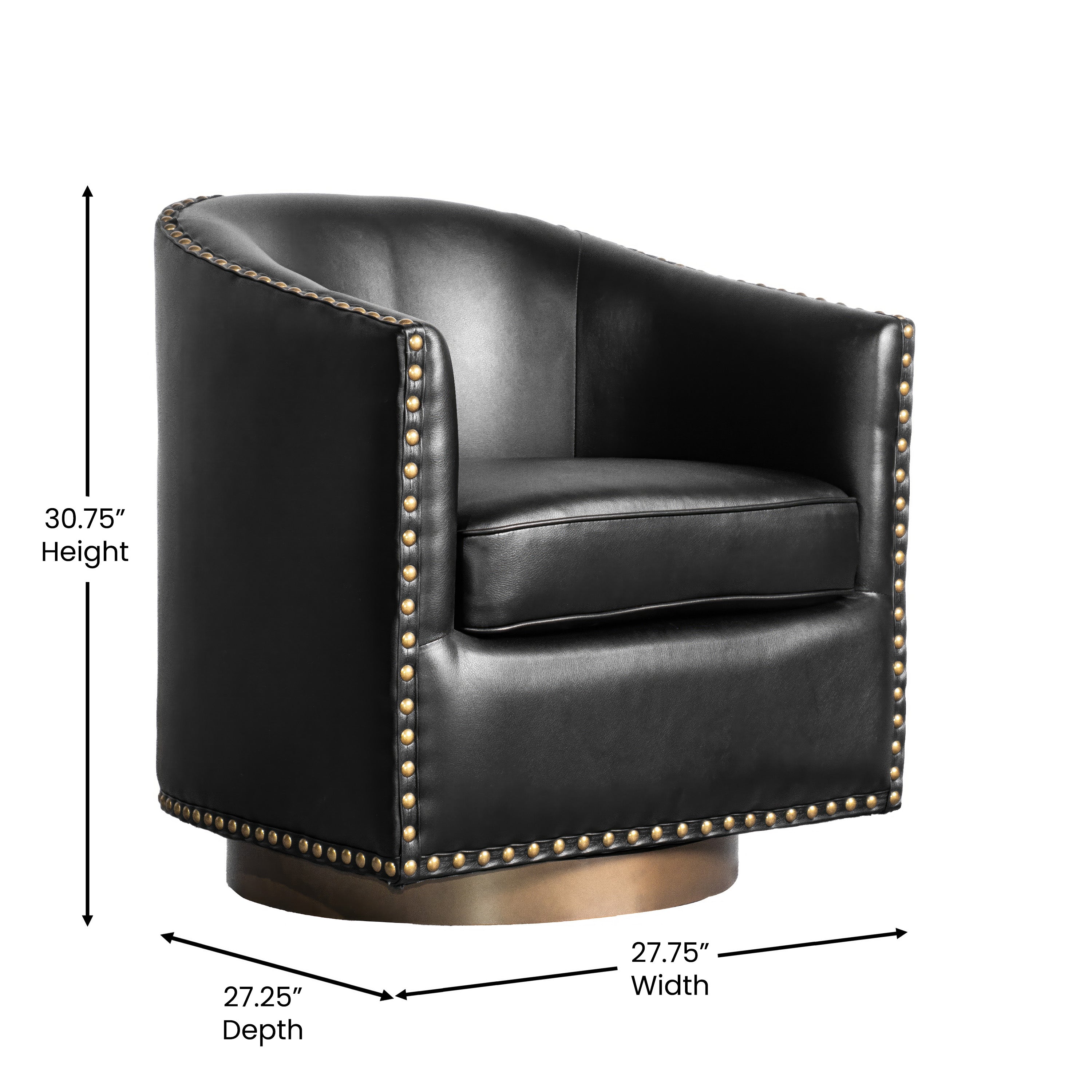 Myles Club Style Commercial Barrel Accent Armchair with 360° Swivel Metal Base and Black Leathersoft Upholstery with Brass Decorative Nail Head Trim