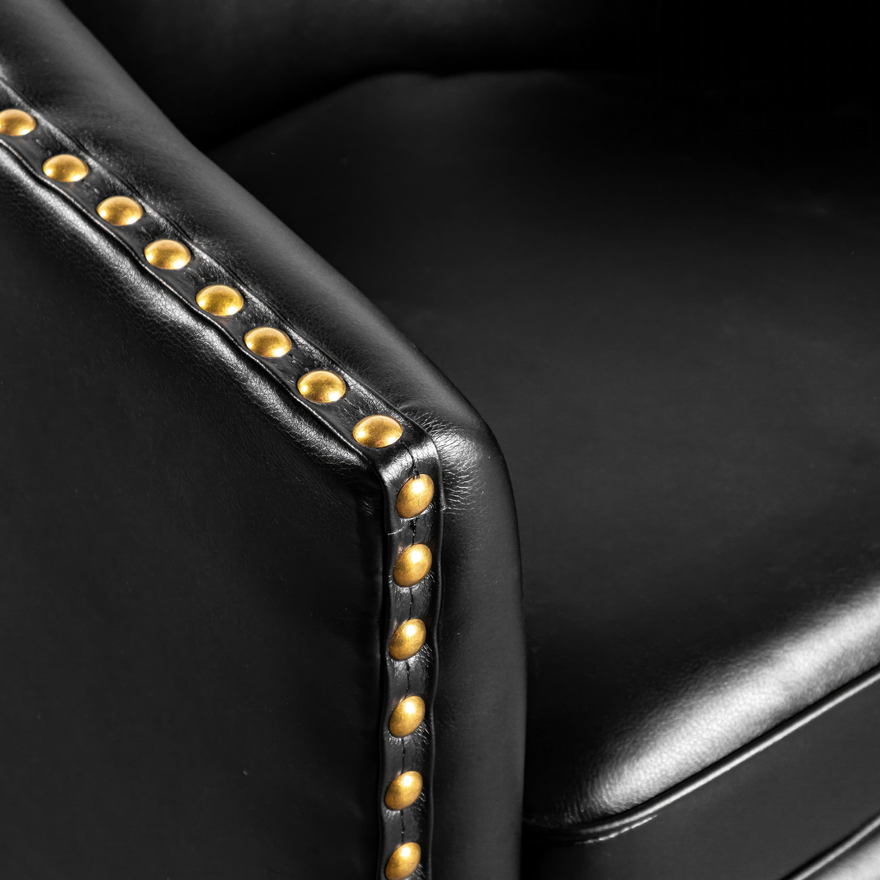 Myles Club Style Commercial Barrel Accent Armchair with 360° Swivel Metal Base and Black Leathersoft Upholstery with Brass Decorative Nail Head Trim