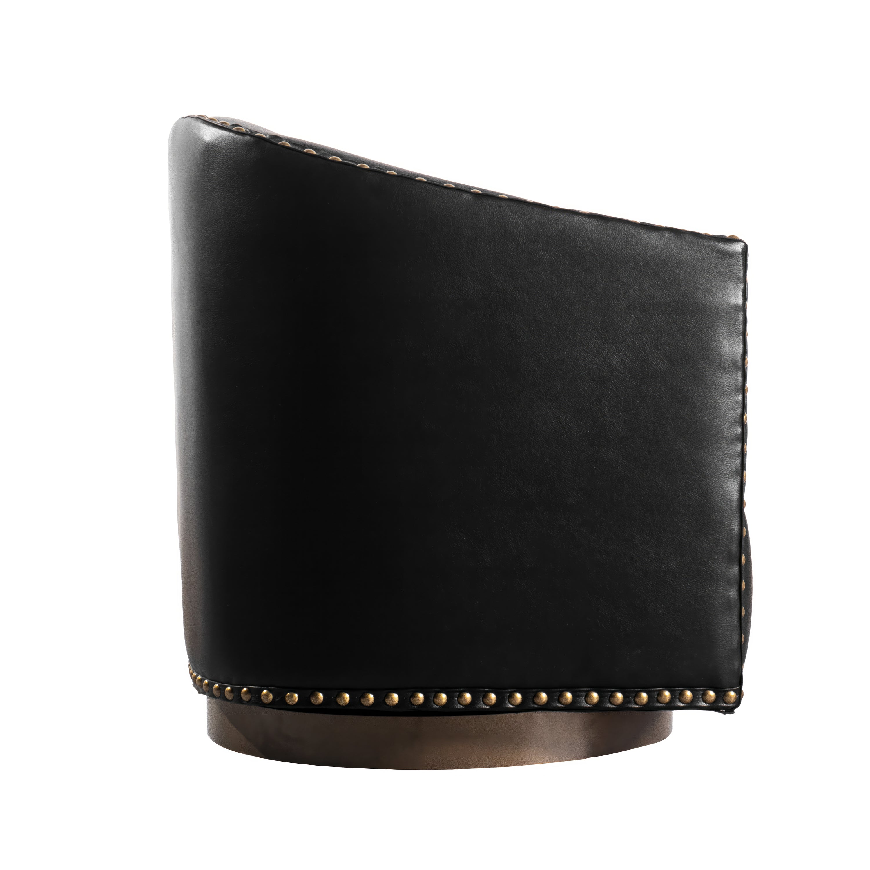 Myles Club Style Commercial Barrel Accent Armchair with 360° Swivel Metal Base and Black Leathersoft Upholstery with Brass Decorative Nail Head Trim