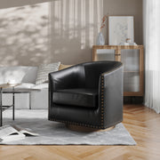 Myles Club Style Commercial Barrel Accent Armchair with 360° Swivel Metal Base and Black Leathersoft Upholstery with Brass Decorative Nail Head Trim
