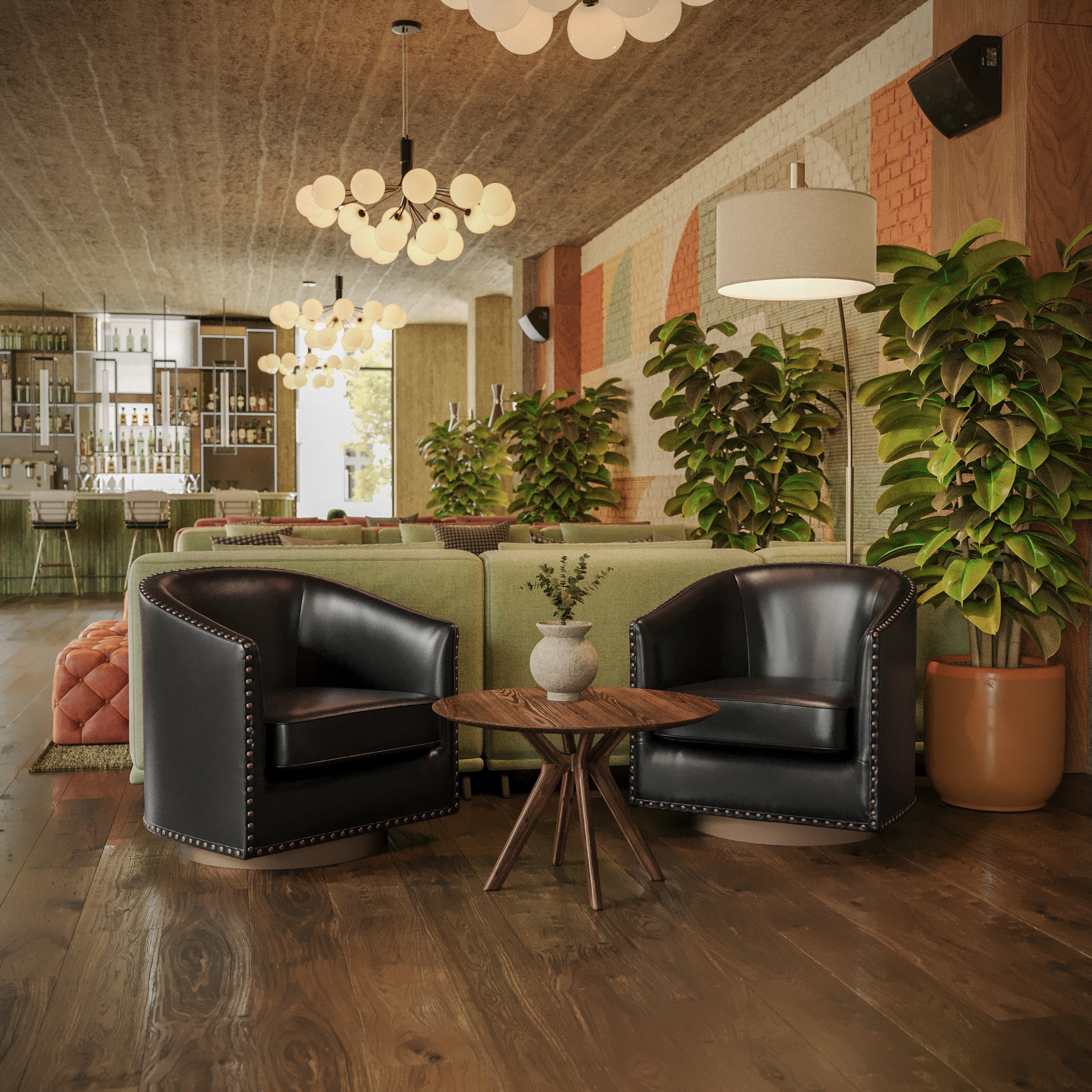 Myles Club Style Commercial Barrel Accent Armchair with 360° Swivel Metal Base and Black Leathersoft Upholstery with Brass Decorative Nail Head Trim
