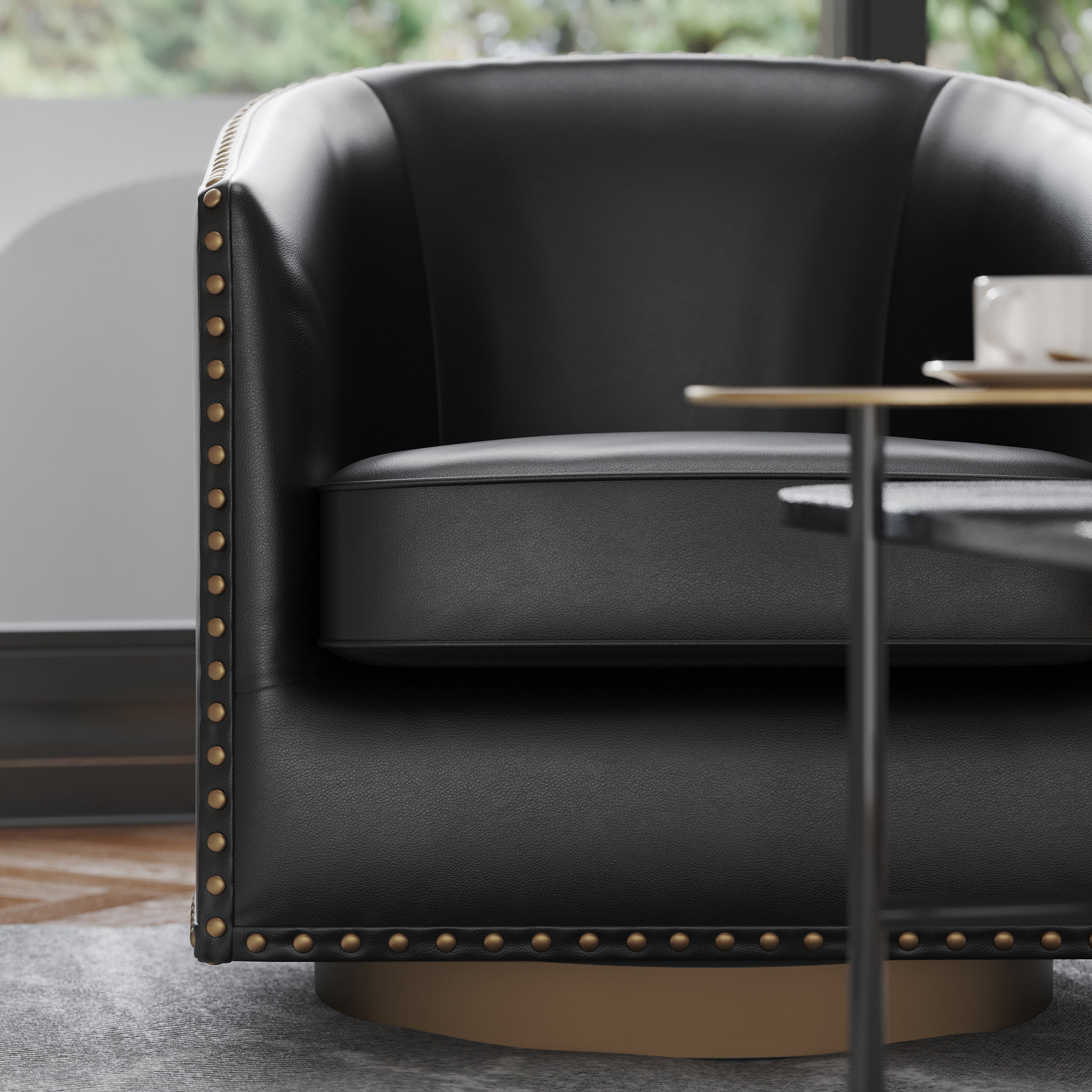 Myles Club Style Commercial Barrel Accent Armchair with 360° Swivel Metal Base and Black Leathersoft Upholstery with Brass Decorative Nail Head Trim