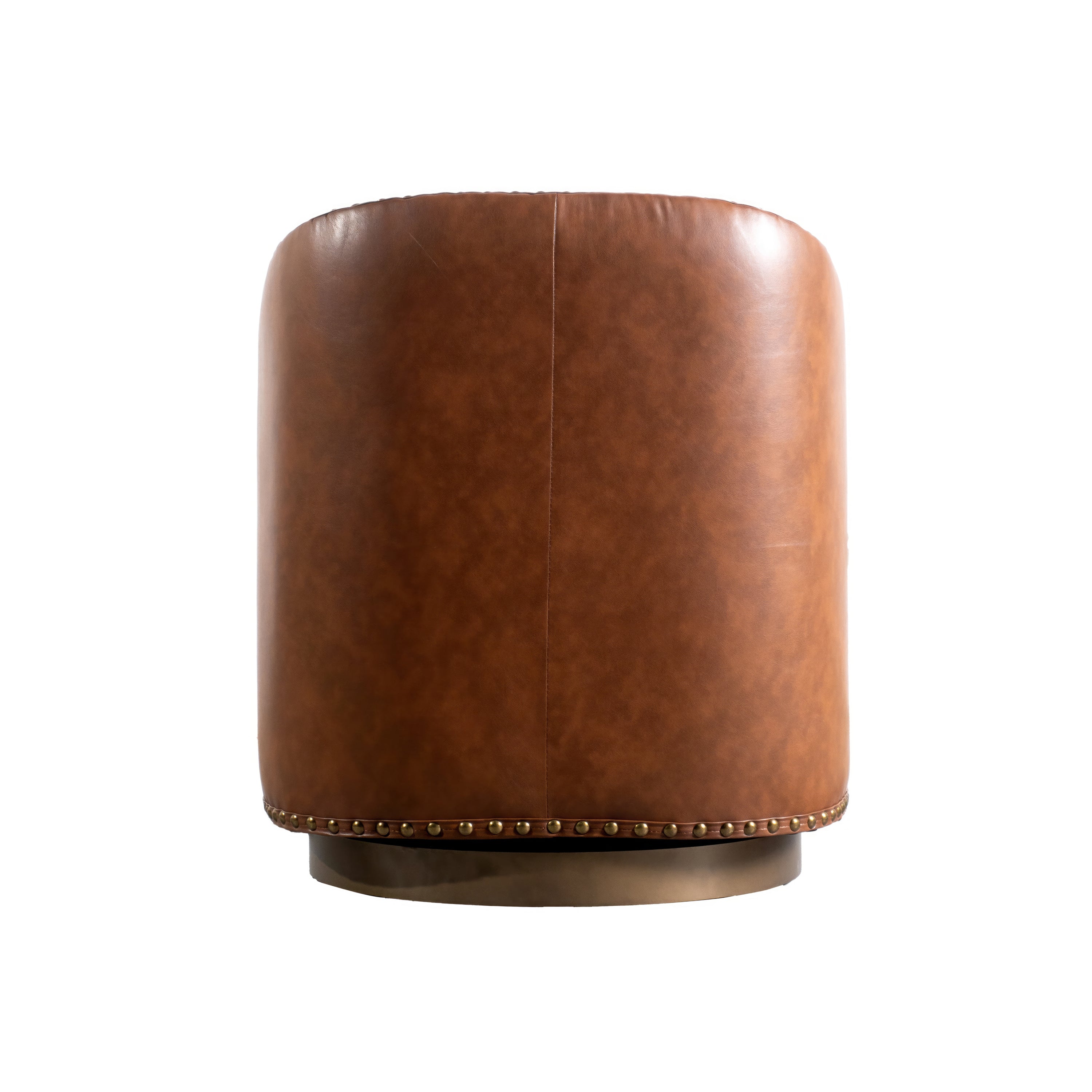 Myles Club Style Commercial Barrel Accent Armchair with 360° Swivel Metal Base and Brown Leathersoft Upholstery with Brass Decorative Nail Head Trim
